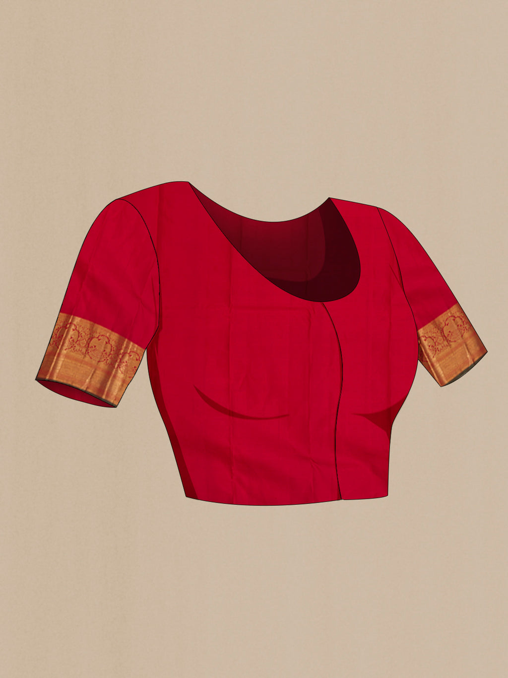 Close up image of the blouse of Red Kanchipuram Silk Saree with Zari Brocade on the body and Zari Border. 