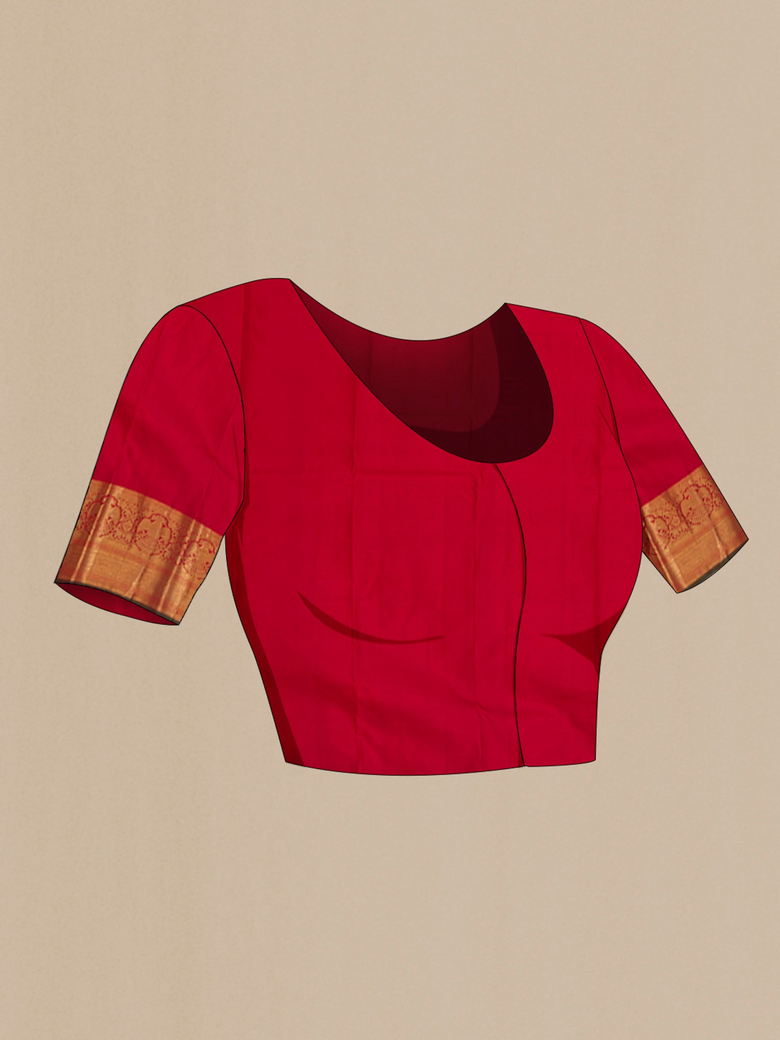 Close up image of the blouse of Red Kanchipuram Silk Saree with Zari Brocade on the body and Zari Border. 
