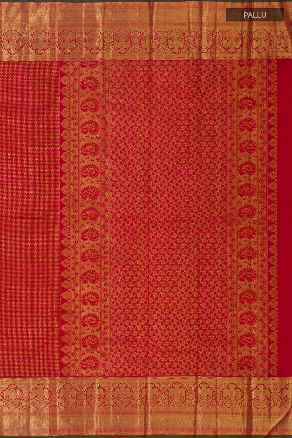 Close up image of the pallu of Red Kanchipuram Silk Saree with Zari Brocade on the body and Zari Border. 