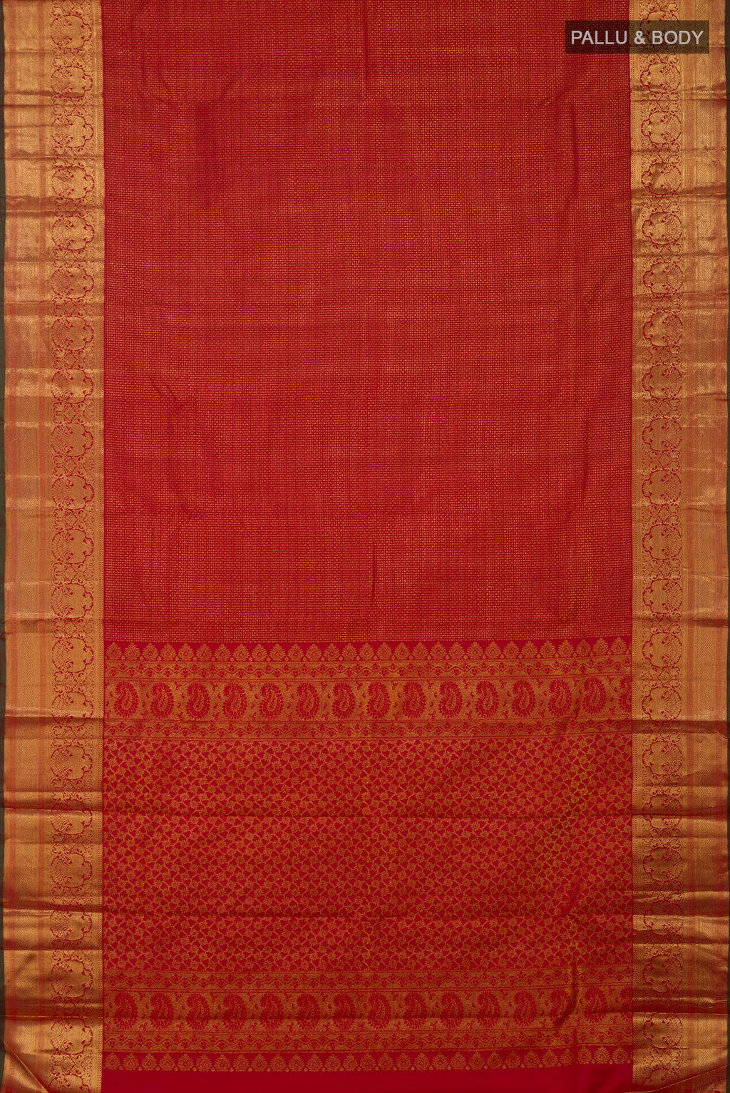 Flat view of Red Kanchipuram Silk Saree with Zari Brocade on the body and Zari Border. 