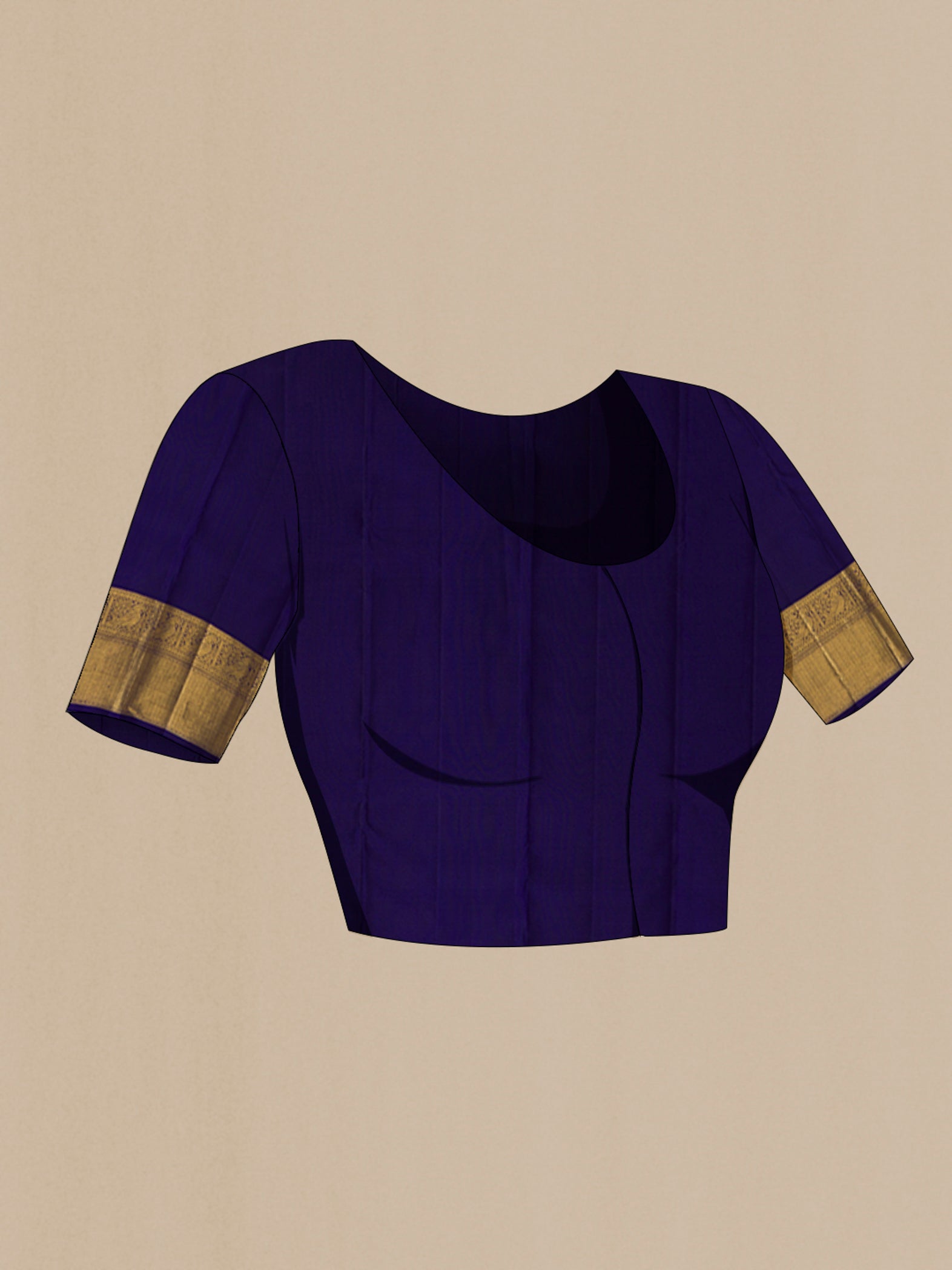 Close up image of the blouse of Dark Blue Kanjivaram Silk Saree with Zari Brocade on the body and Zari Border. 