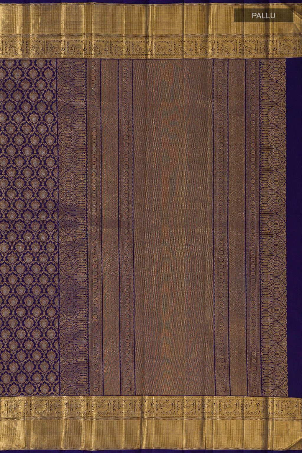 Close up image of the pallu of Dark Blue Kanjivaram Silk Saree with Zari Brocade on the body and Zari Border. 