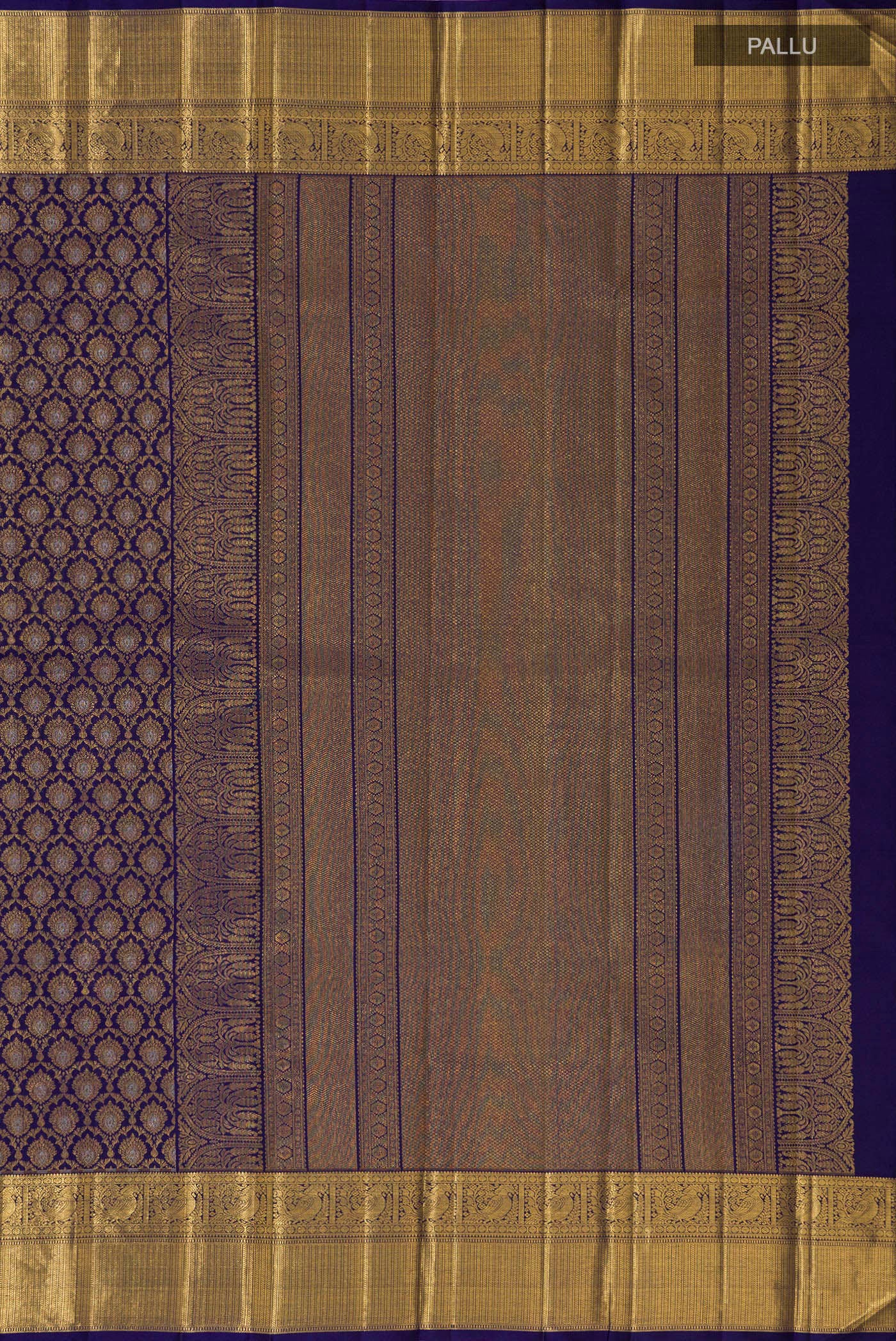 Close up image of the pallu of Dark Blue Kanjivaram Silk Saree with Zari Brocade on the body and Zari Border. 