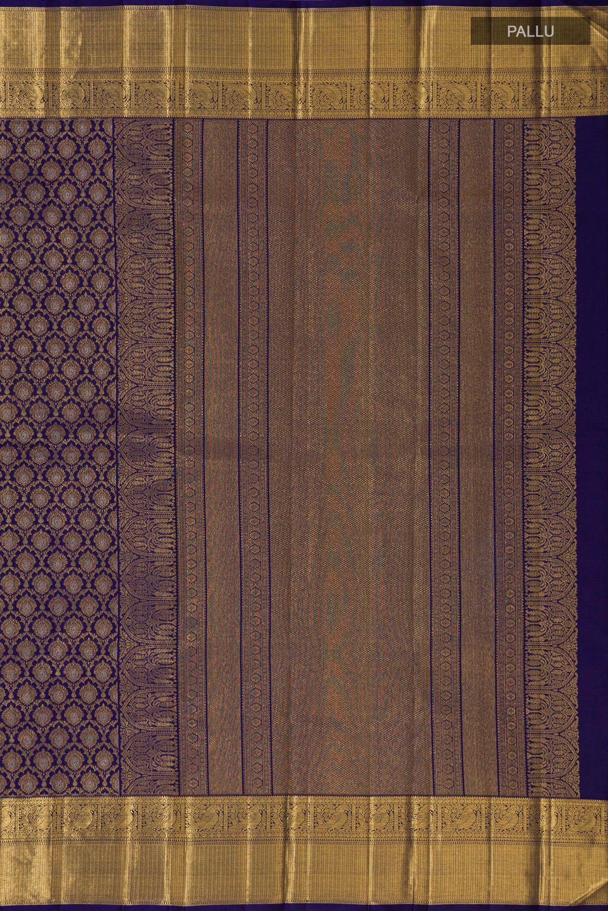 Close up image of the pallu of Dark Blue Kanjivaram Silk Saree with Zari Brocade on the body and Zari Border. 