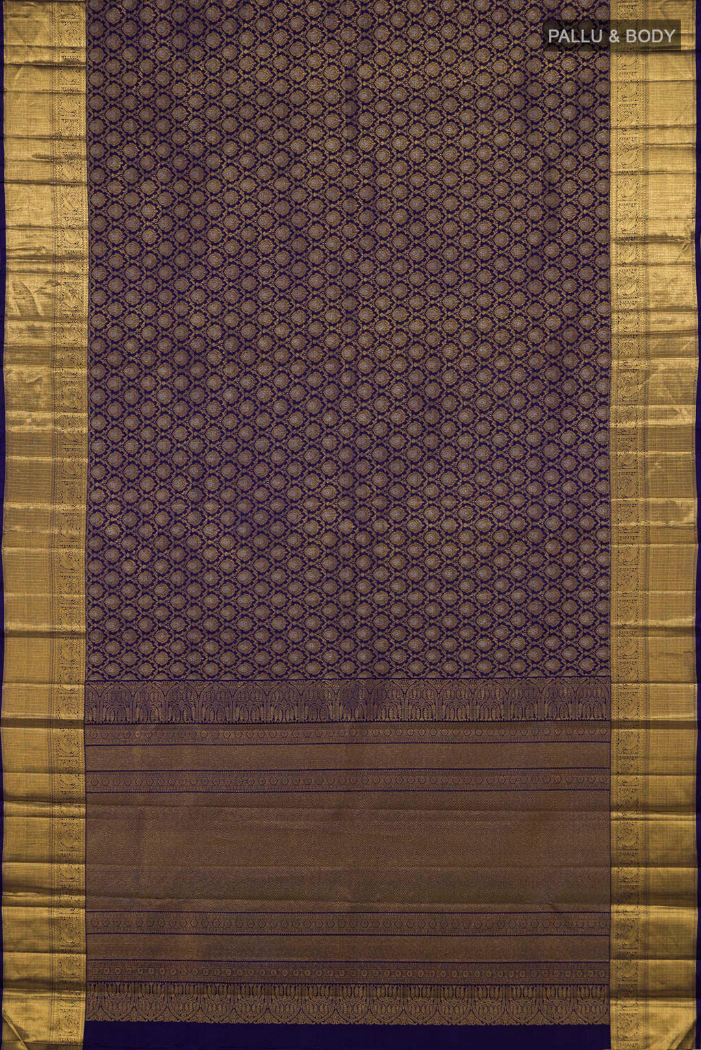 Flat view of Dark Blue Kanjivaram Silk Saree with Zari Brocade on the body and Zari Border. 