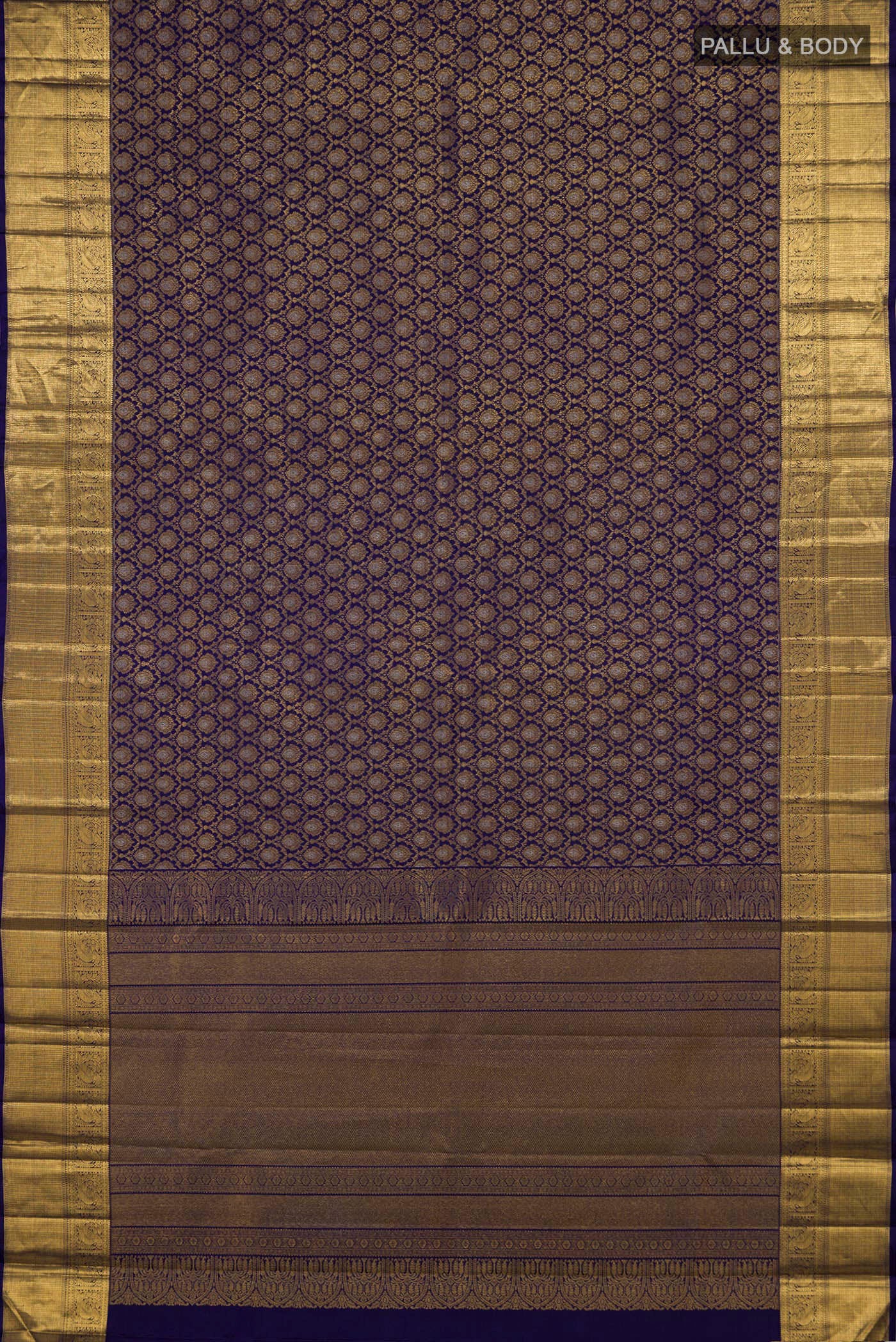 Flat view of Dark Blue Kanjivaram Silk Saree with Zari Brocade on the body and Zari Border. 