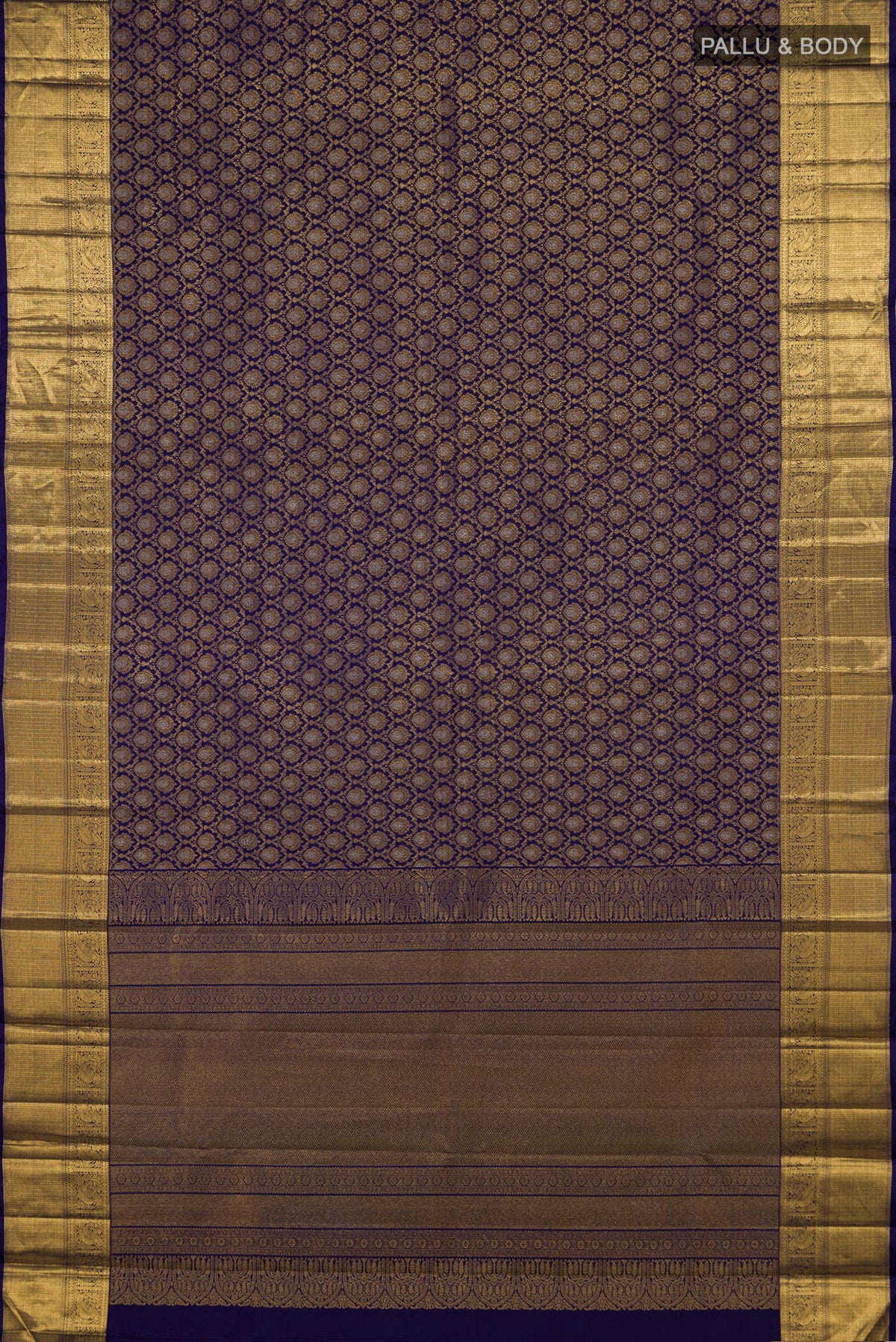 Flat view of Dark Blue Kanjivaram Silk Saree with Zari Brocade on the body and Zari Border. 