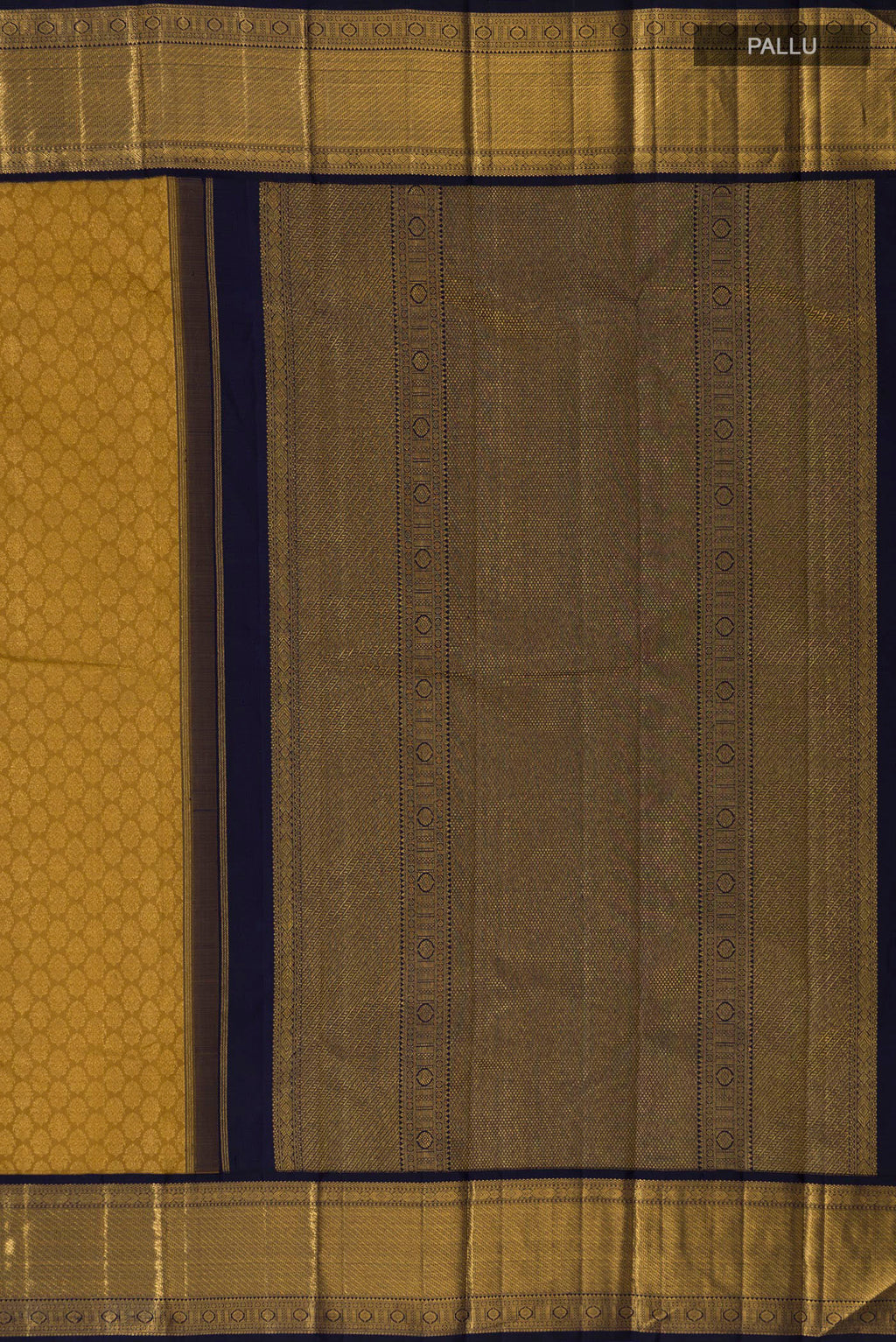 Close up image of the pallu of Pure Silk Golden Kanjivaram Saree with Zari Brocade on the body and Zari Border. 