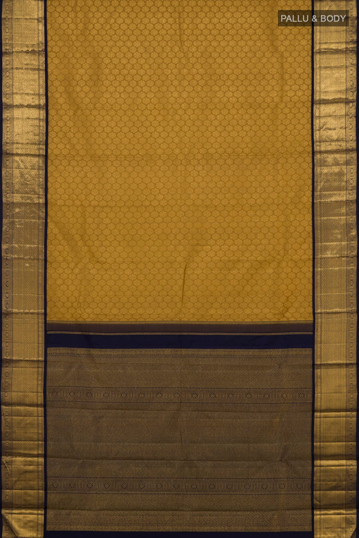 Flat view of Pure Silk Golden Kanjivaram Saree with Zari Brocade on the body and Zari Border. 