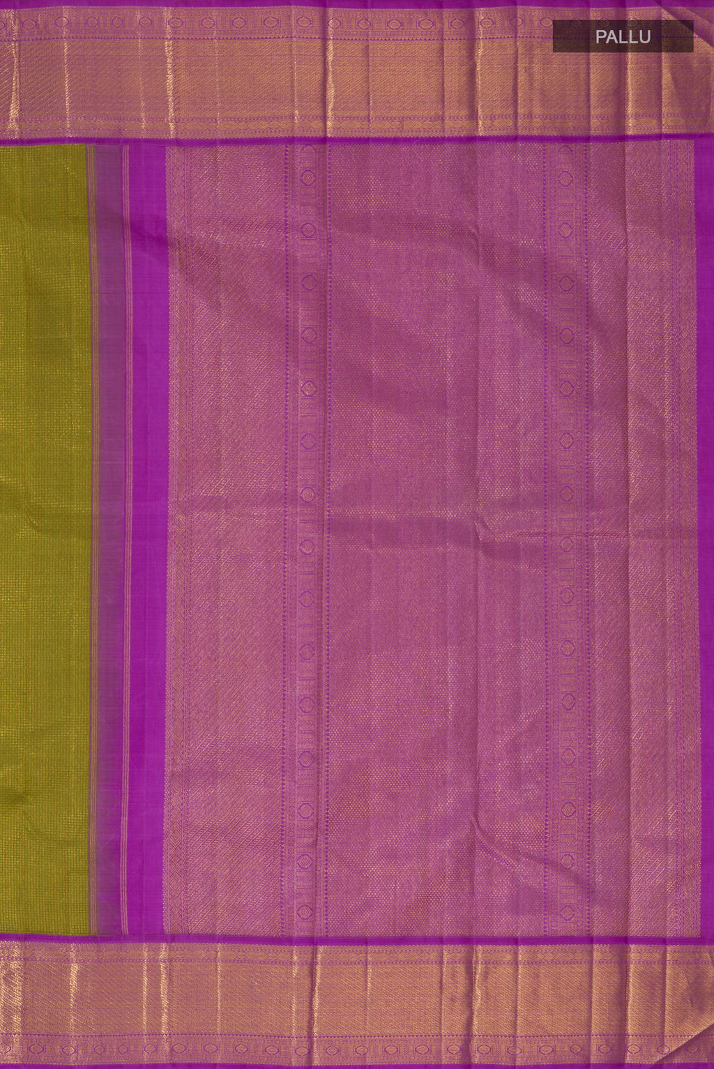 Close up image of the pallu of Green Kanjivaram Silk Saree with Zari Brocade on the body and Zari Border. 