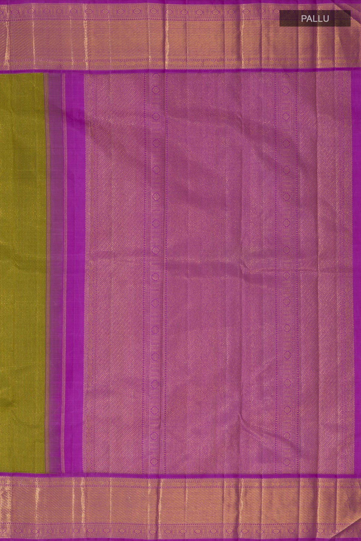 Close up image of the pallu of Green Kanjivaram Silk Saree with Zari Brocade on the body and Zari Border. 