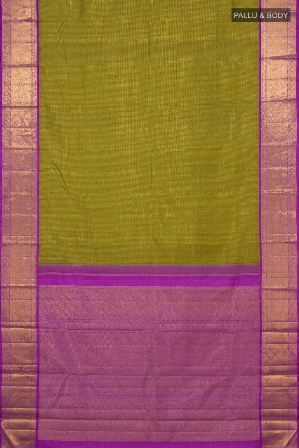 Flat view of Green Kanjivaram Silk Saree with Zari Brocade on the body and Zari Border. 