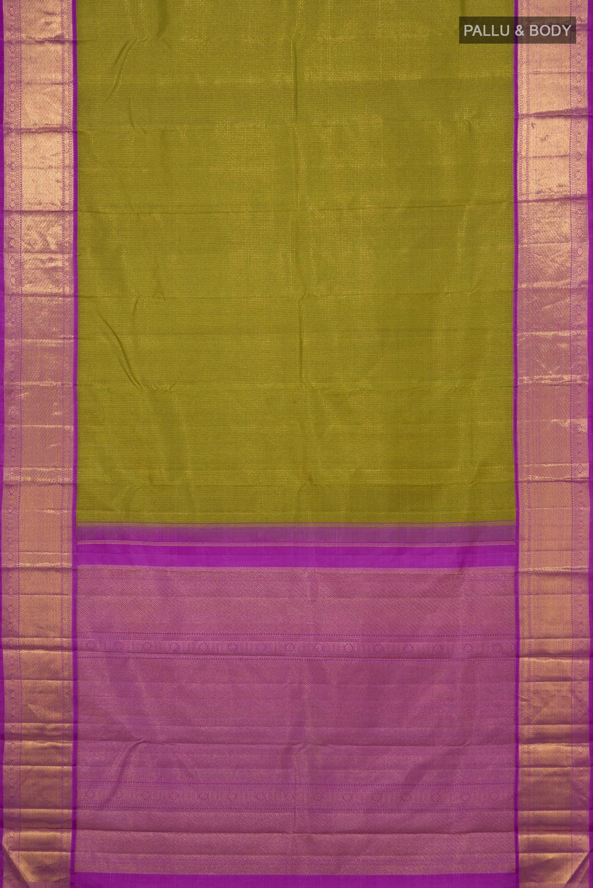 Flat view of Green Kanjivaram Silk Saree with Zari Brocade on the body and Zari Border. 