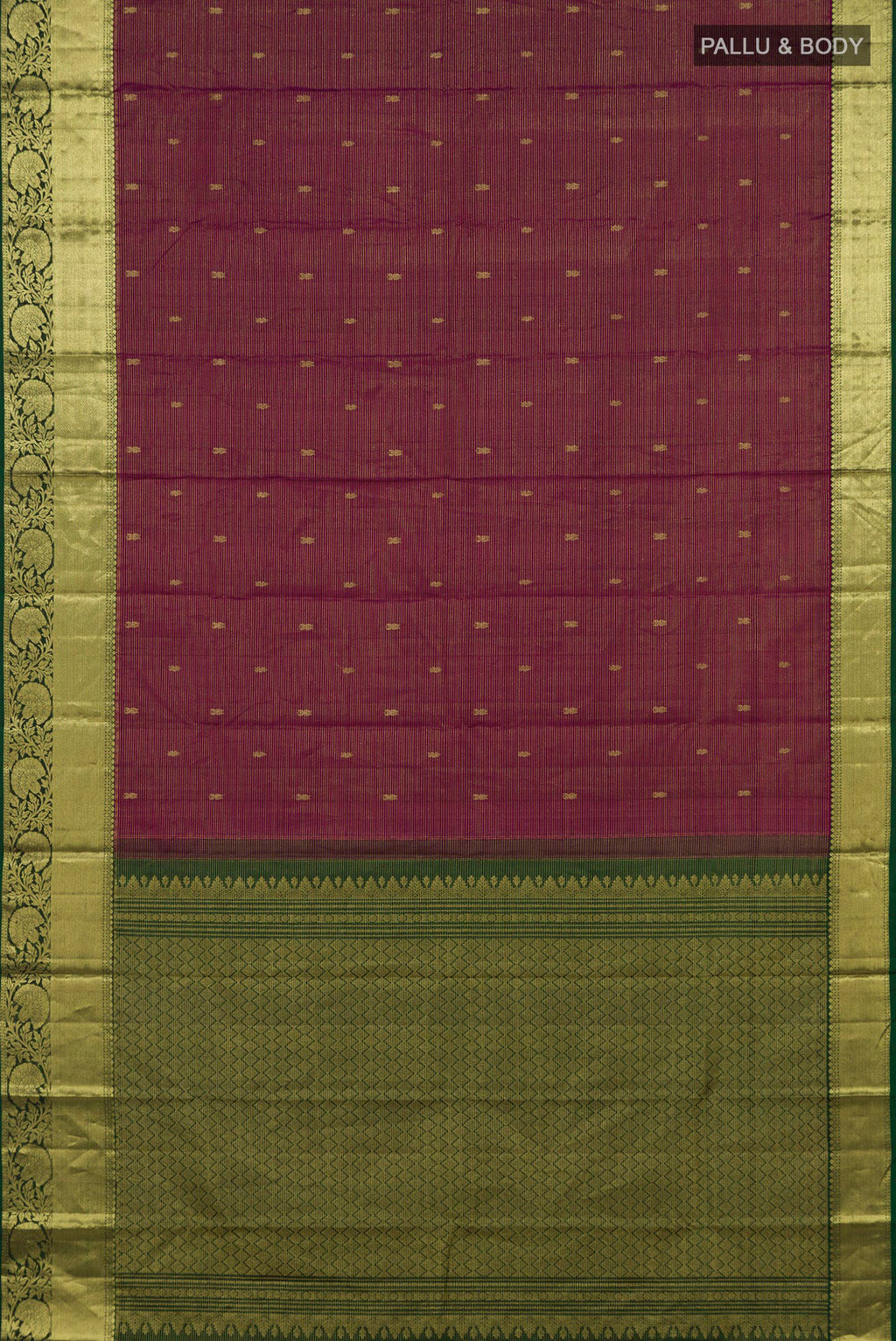 Flat view of Pure Silk Magenta Kanchipuram Saree with Zari Butta on the body and Zari Border. 
