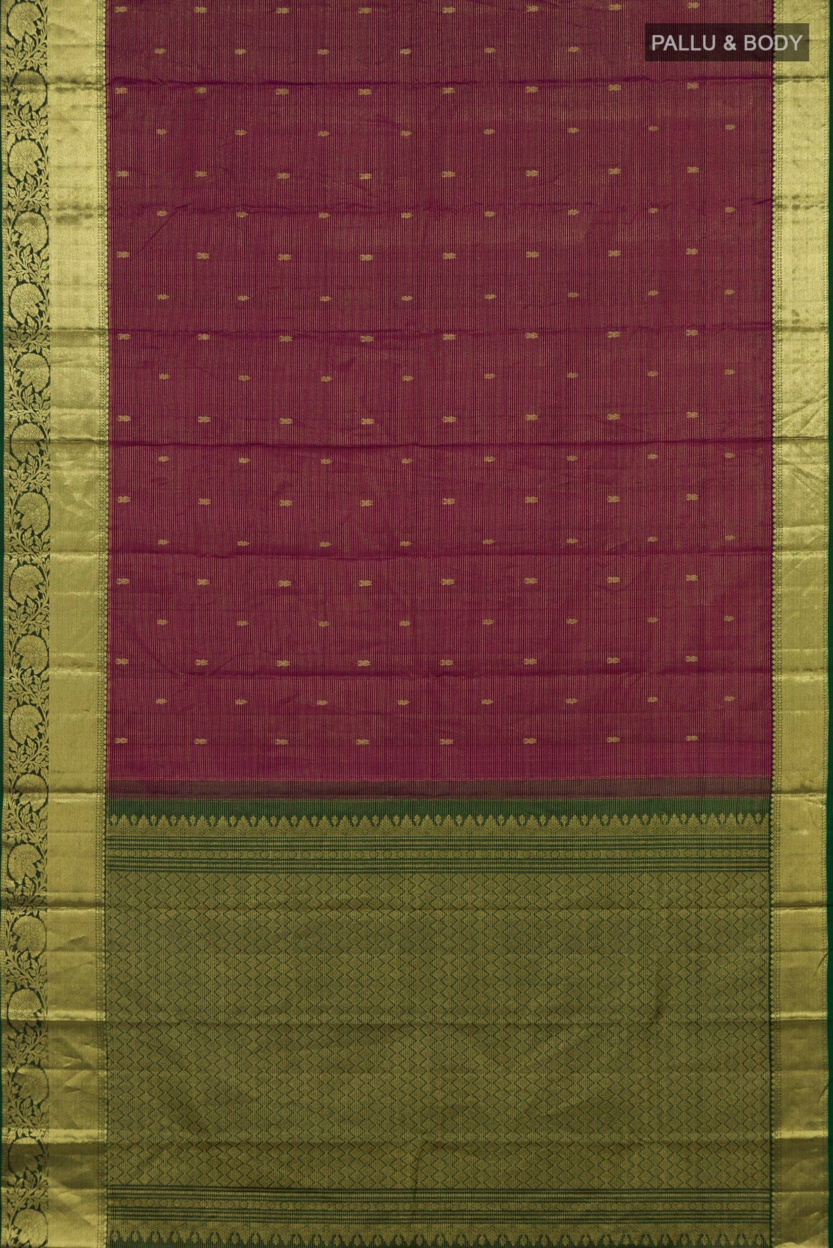 Flat view of Pure Silk Magenta Kanchipuram Saree with Zari Butta on the body and Zari Border. 