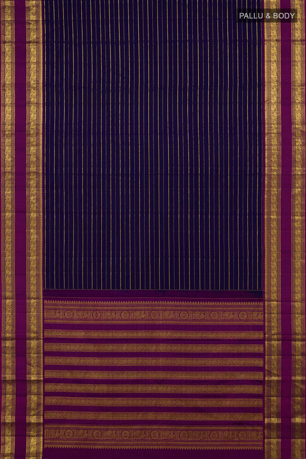 Flat view of Navy Blue Kanchipuram Silk Saree with Stripes on the body and Zari Border. 