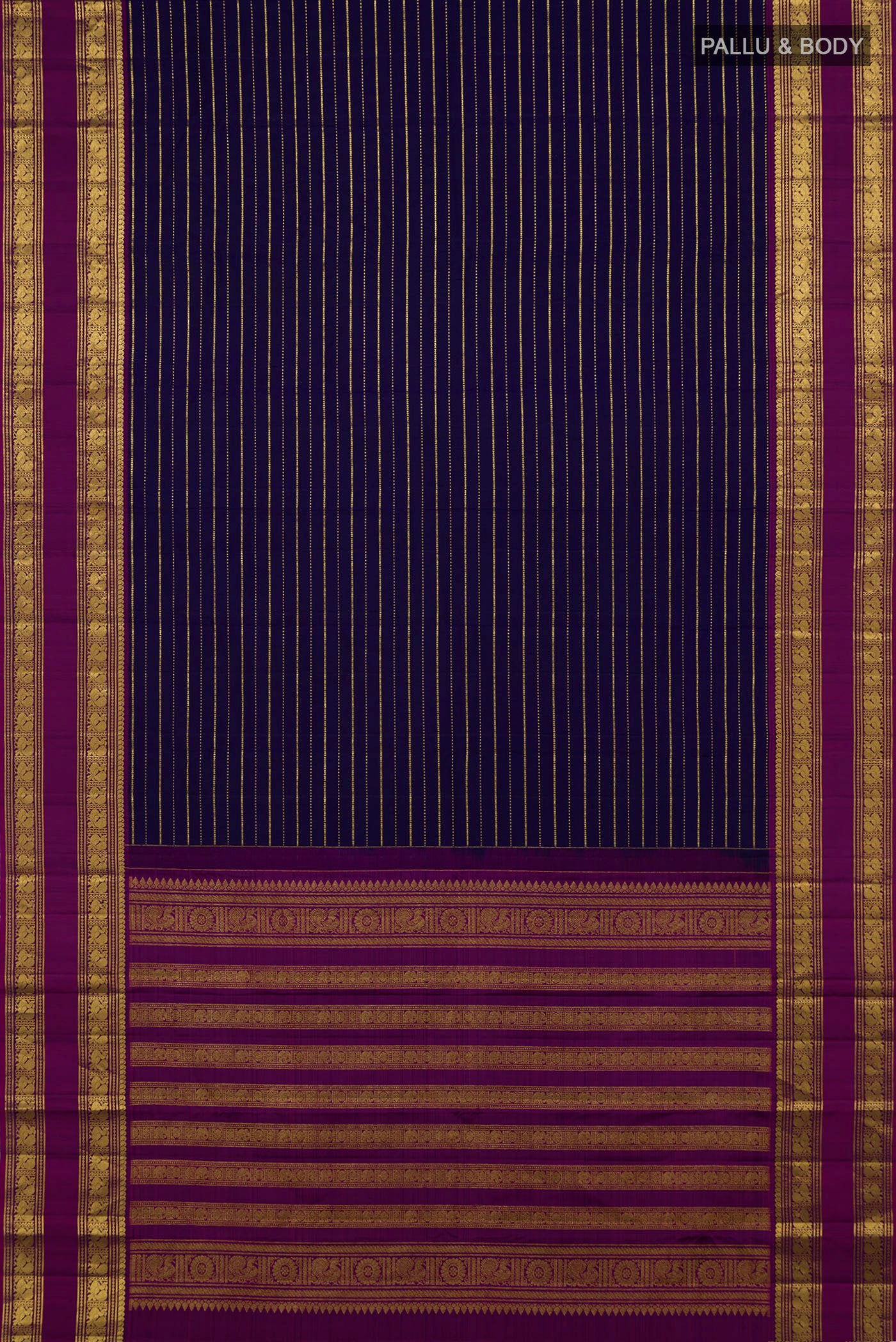 Flat view of Navy Blue Kanchipuram Silk Saree with Stripes on the body and Zari Border. 
