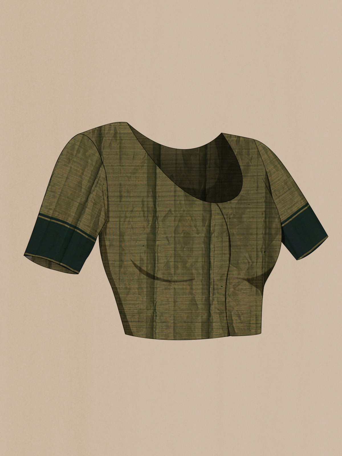 Close up image of the blouse of Pure Silk Bottle Green Kanchipuram Saree with Checked design on the body and Thin Zari Line. 