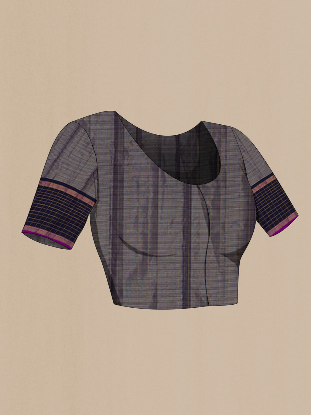 Close up image of the blouse of Pure Silk Navy Blue Kanchipuram Saree with Checked design on the body and Checks Border. 