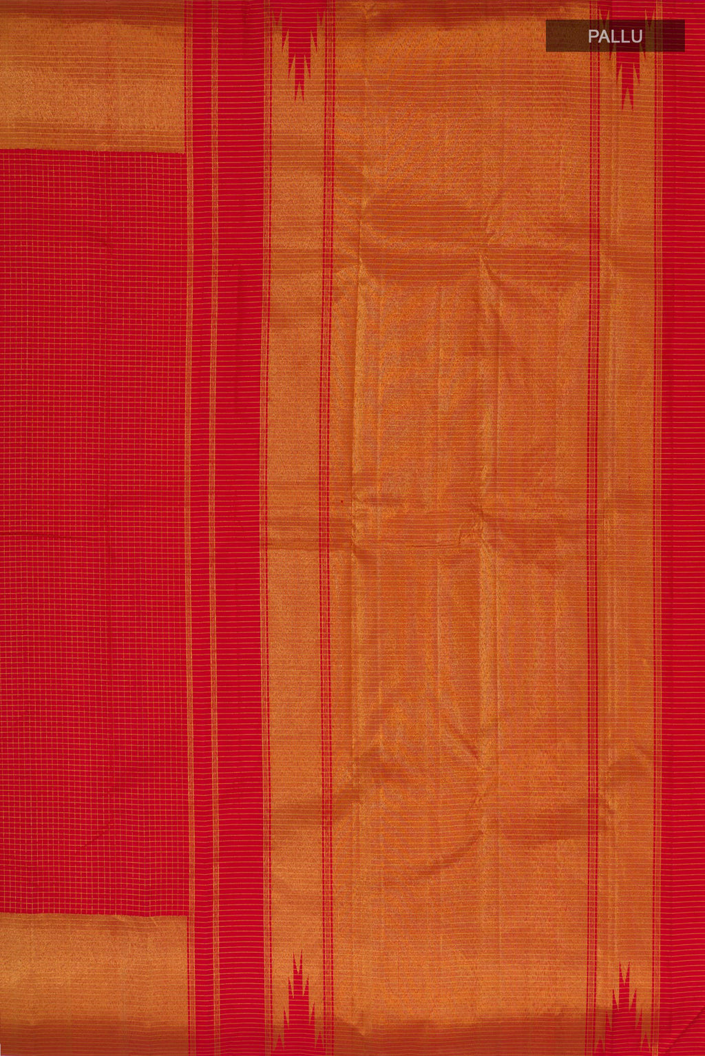 Close up image of the pallu of Pure Silk Red Kanjivaram Saree with Checked design on the body and Zari Border. 