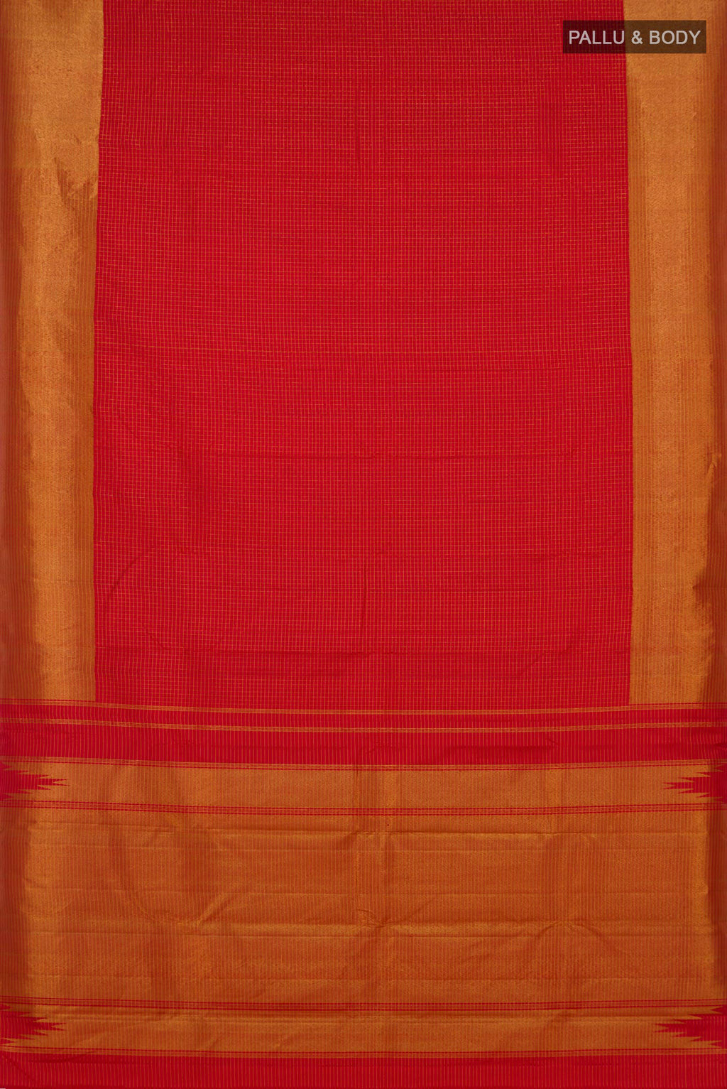 Flat view of Pure Silk Red Kanjivaram Saree with Checked design on the body and Zari Border. 