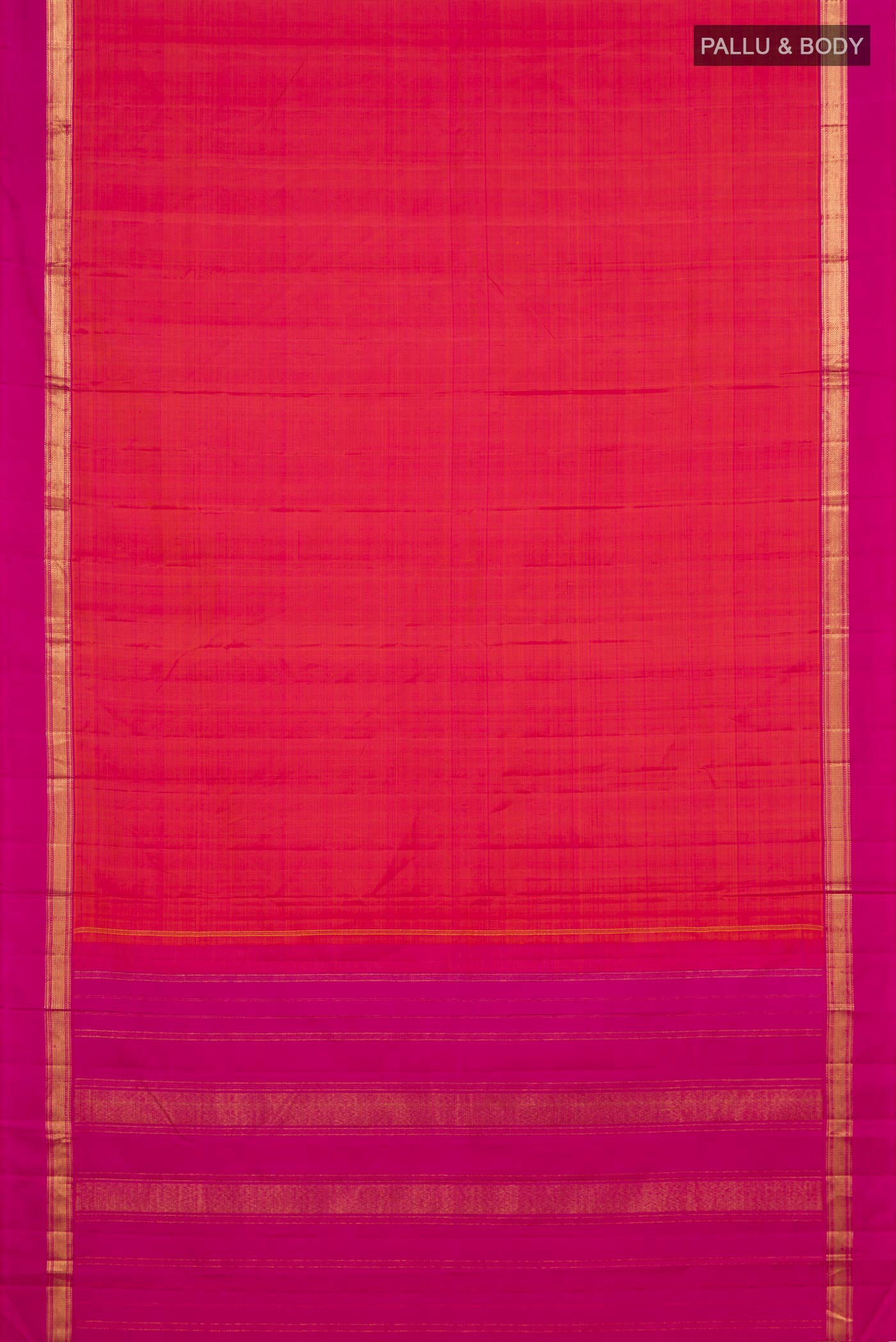 Flat view of Pink with Orange Color Kanjivaram Silk Saree with Plain Body and Zari Border. 