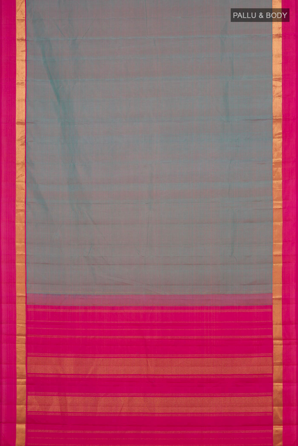 Flat view of Grey with Pink Color Kanjivaram Silk Saree with Plain Body and Zari Border. 