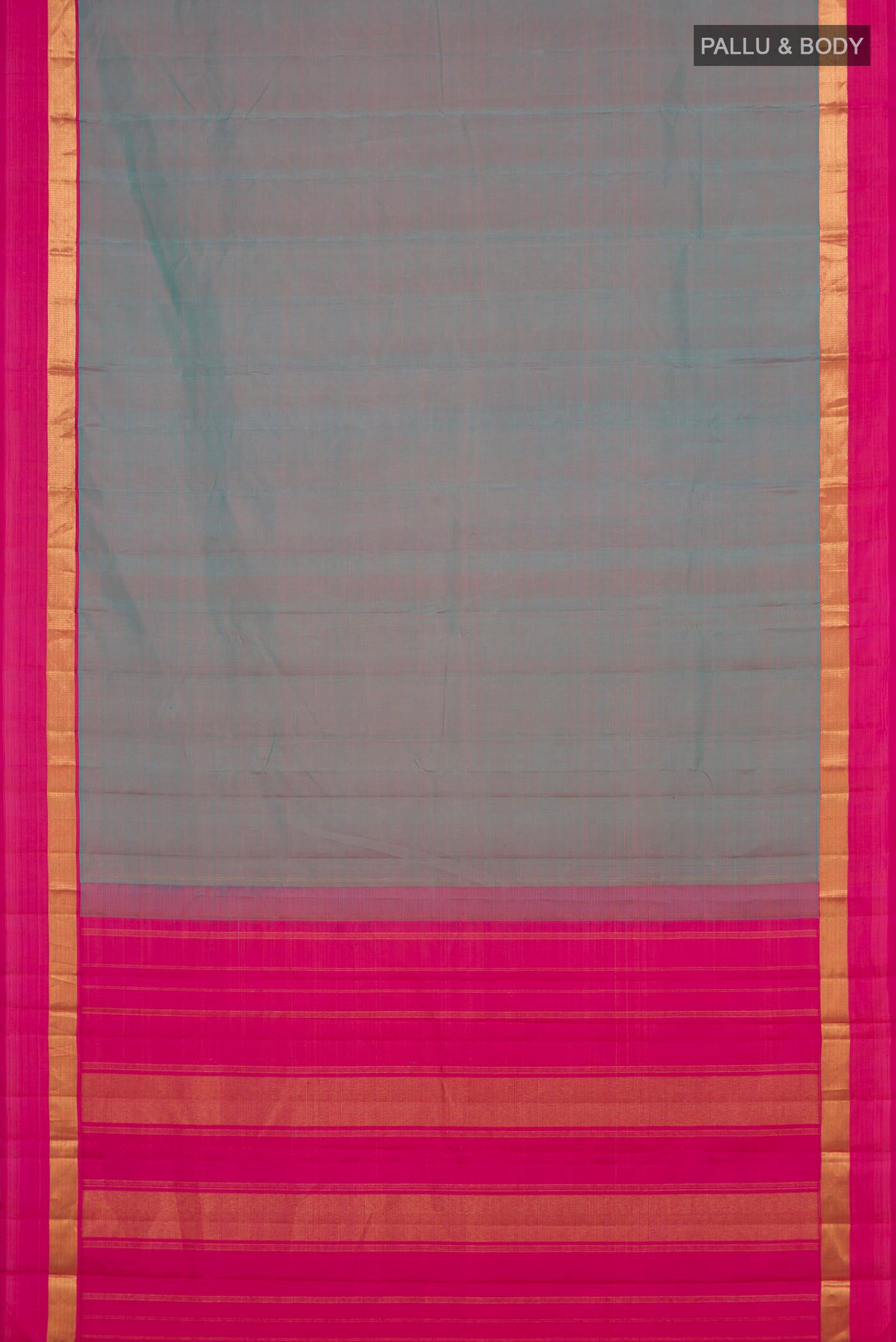 Flat view of Grey with Pink Color Kanjivaram Silk Saree with Plain Body and Zari Border. 