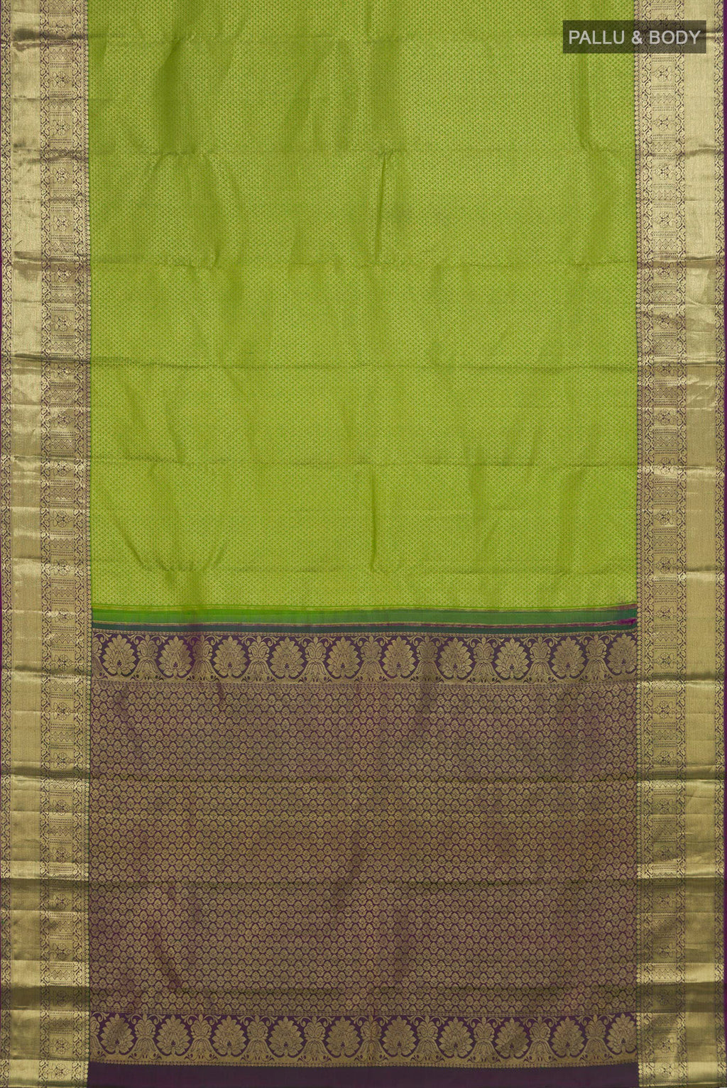 Flat view of Pure Silk Parrot Green Kanchipuram Saree with Zari Brocade on the body and Zari Border. 
