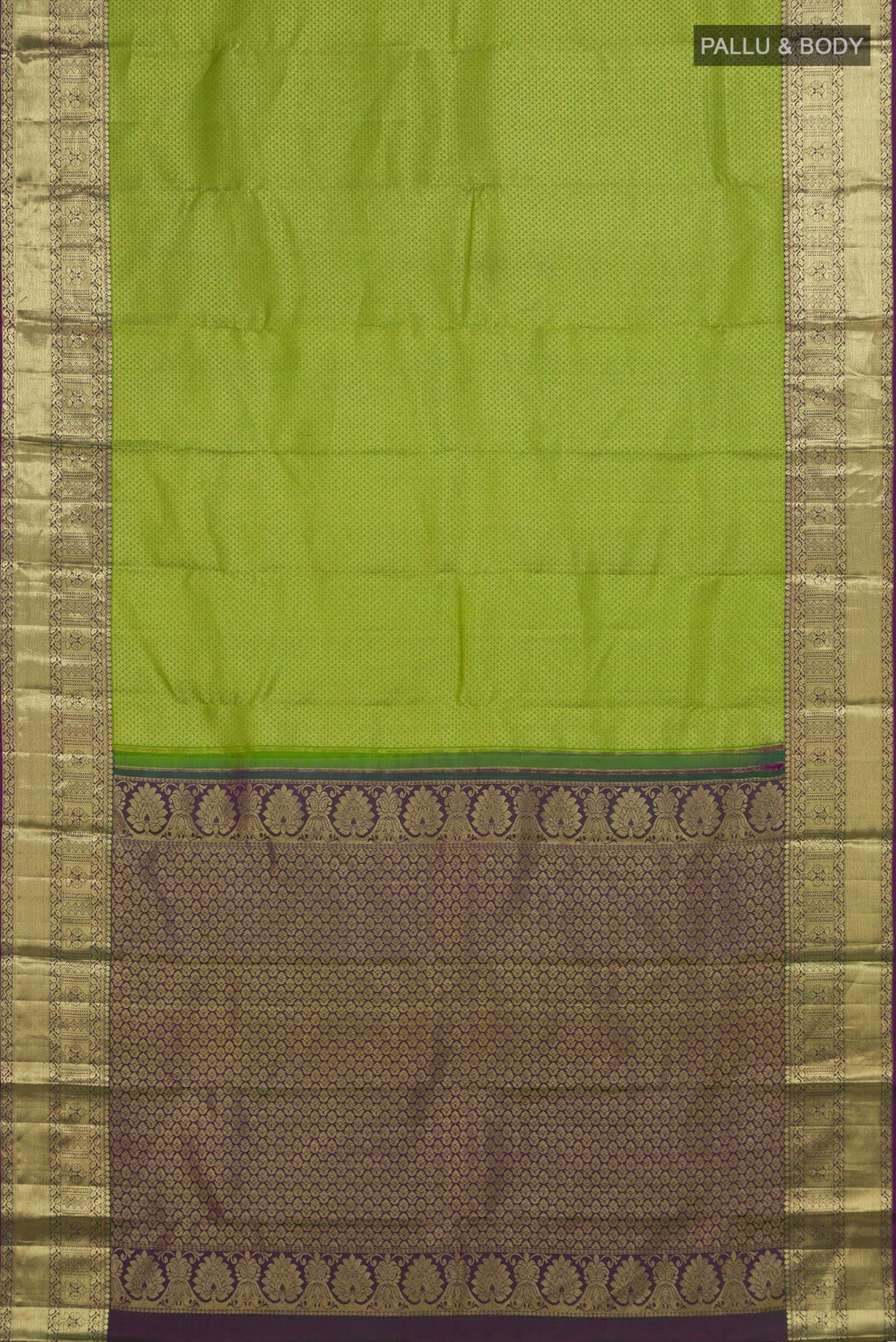 Flat view of Pure Silk Parrot Green Kanchipuram Saree with Zari Brocade on the body and Zari Border. 