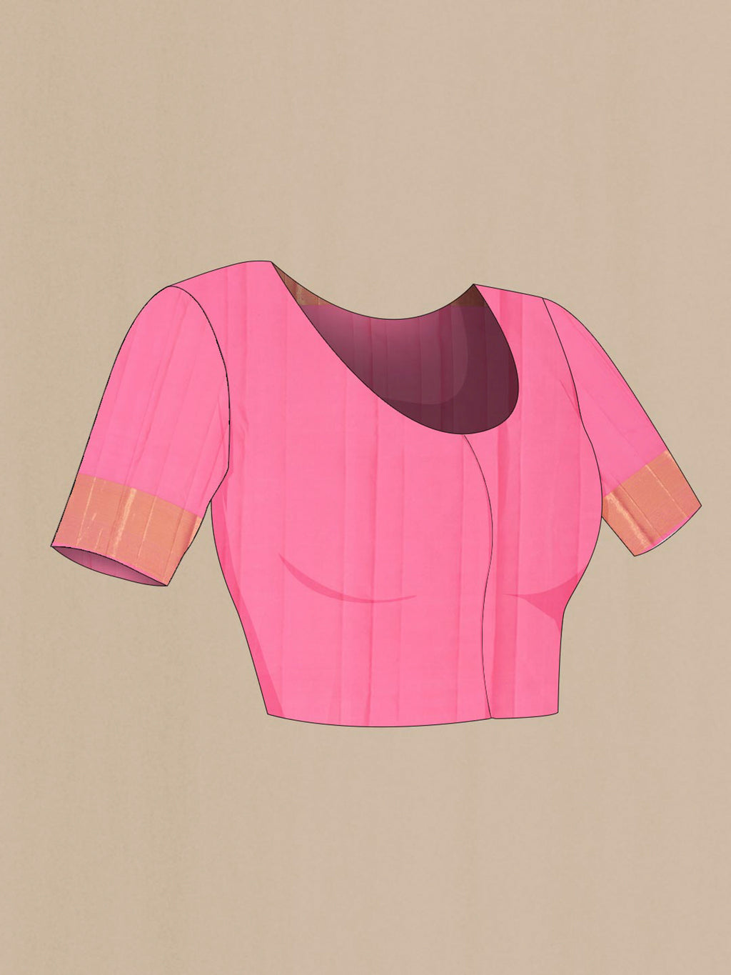 Close up image of the blouse of Pure Silk Pink Kanchipuram Saree with Zari Brocade on the body and Zari Border. 