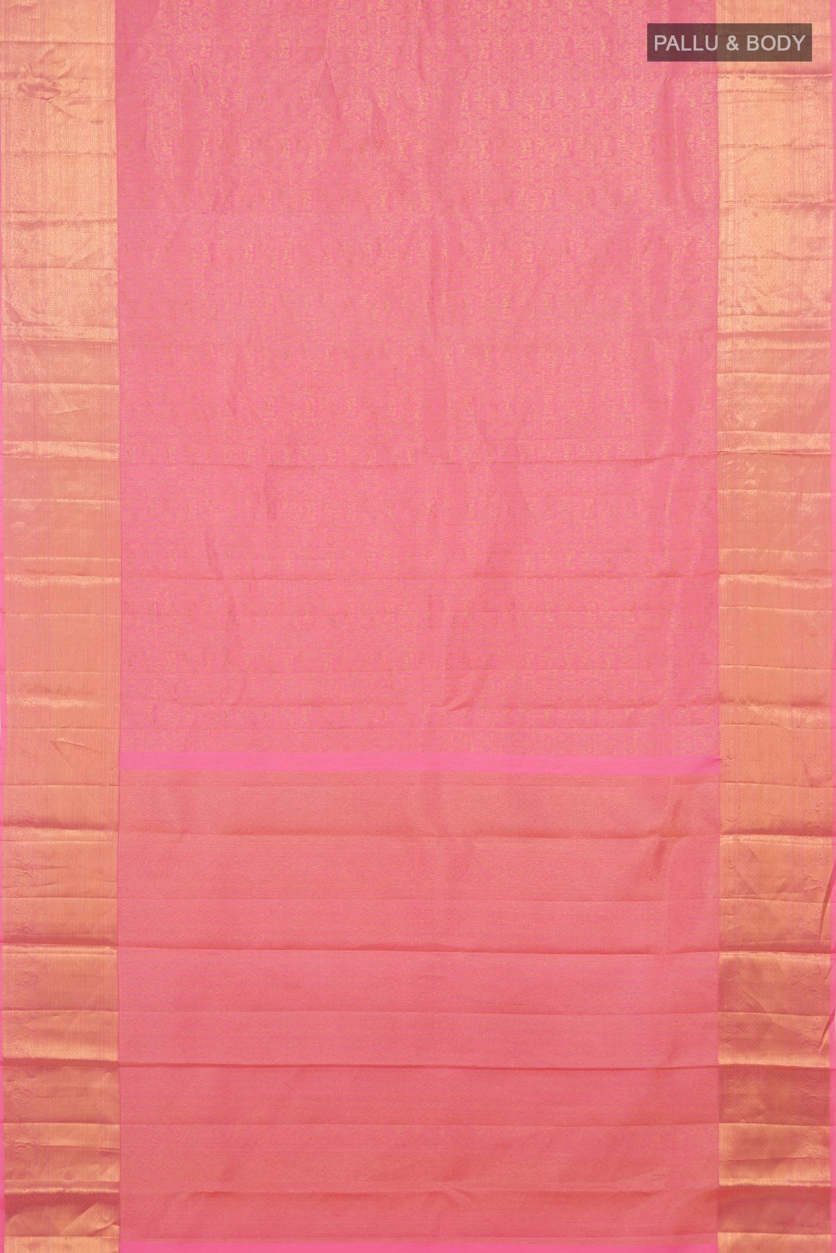 Flat view of Pure Silk Pink Kanchipuram Saree with Zari Brocade on the body and Zari Border. 