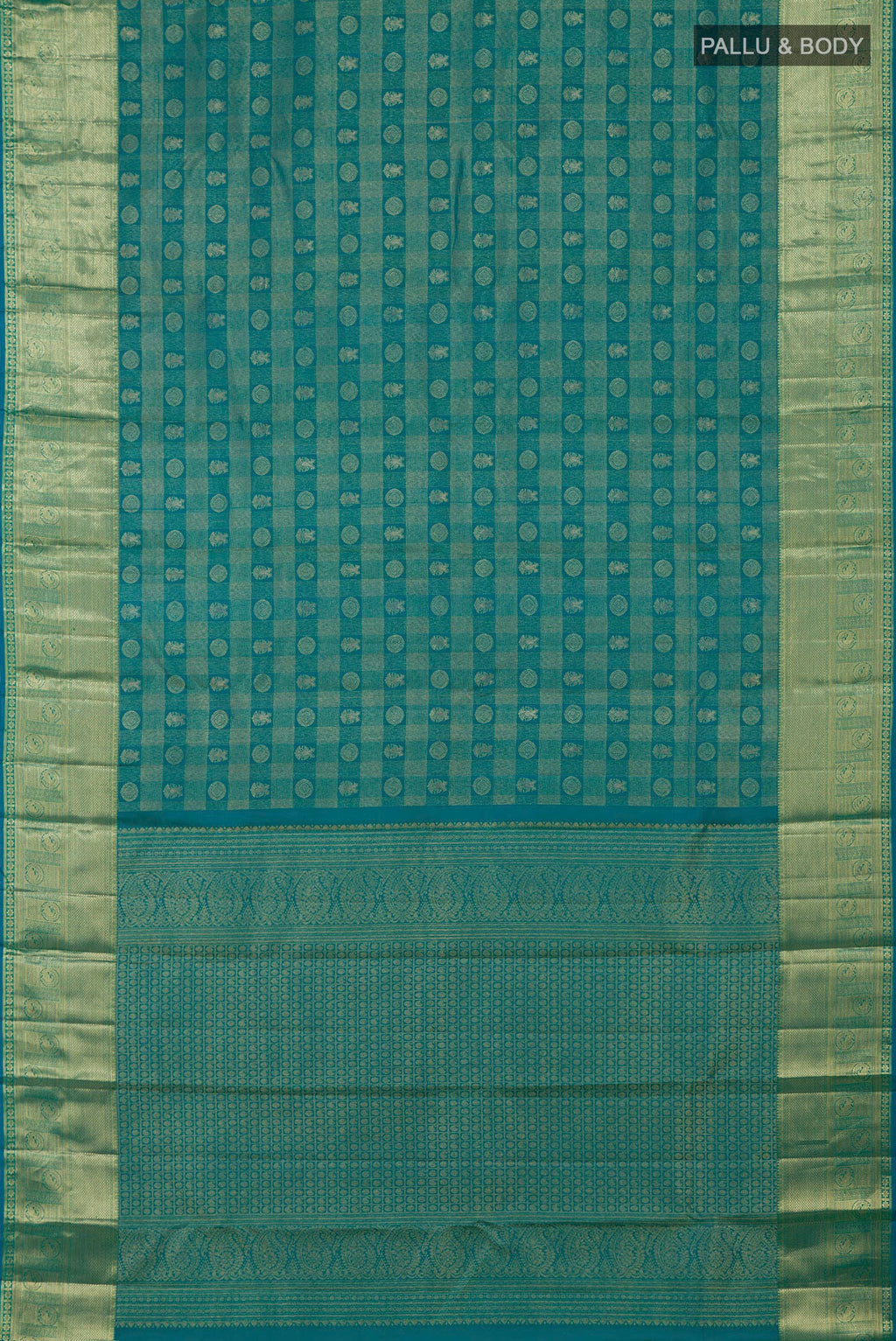 Flat view of Blue Kanchipuram Silk Saree with Zari Brocade on the body and Zari Border. 