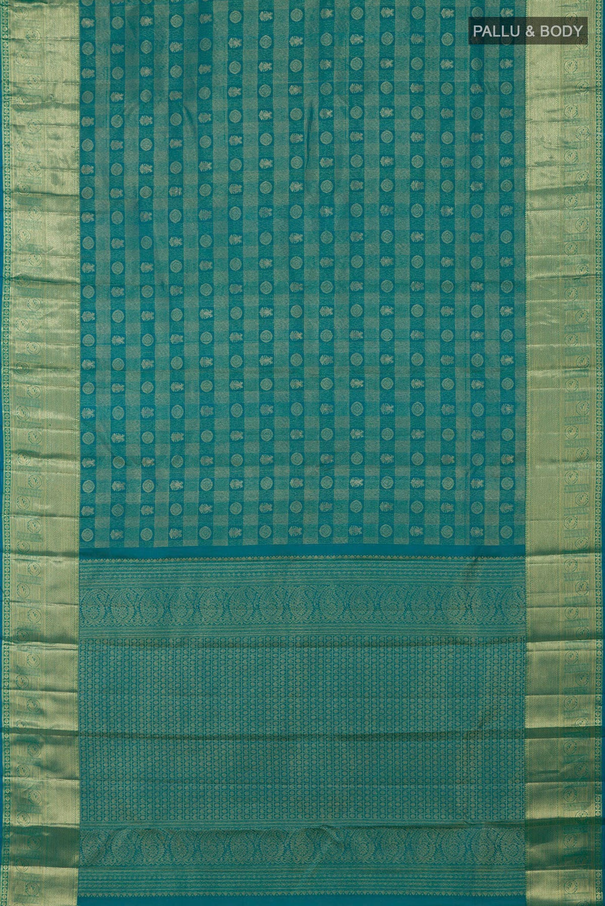 Flat view of Blue Kanchipuram Silk Saree with Zari Brocade on the body and Zari Border. 