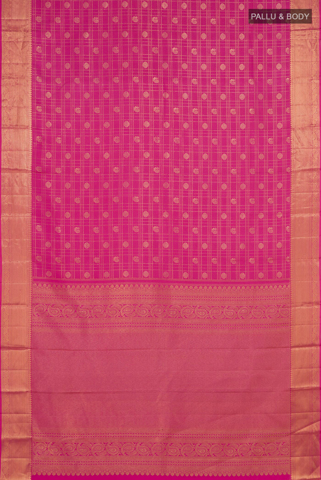 Flat view of Pink Kanchipuram Silk Saree with Checked design on the body and Zari Border. 