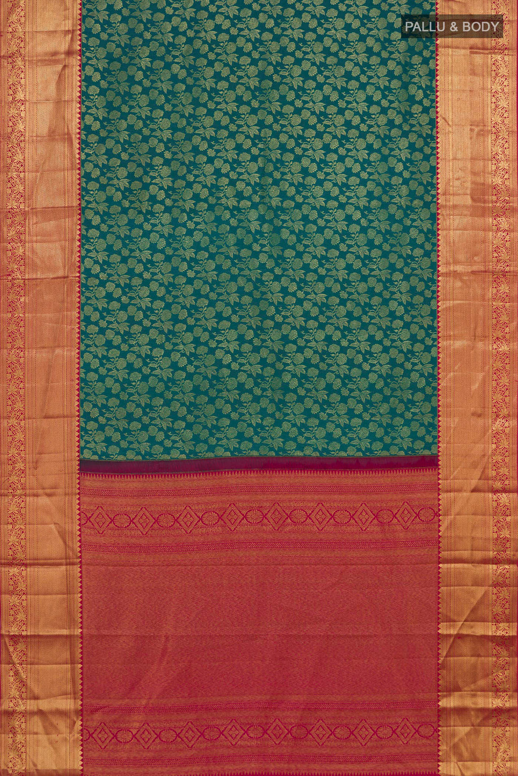 Flat view of Sea Green Kanchipuram Silk Saree with Zari Brocade on the body and Zari Border. 