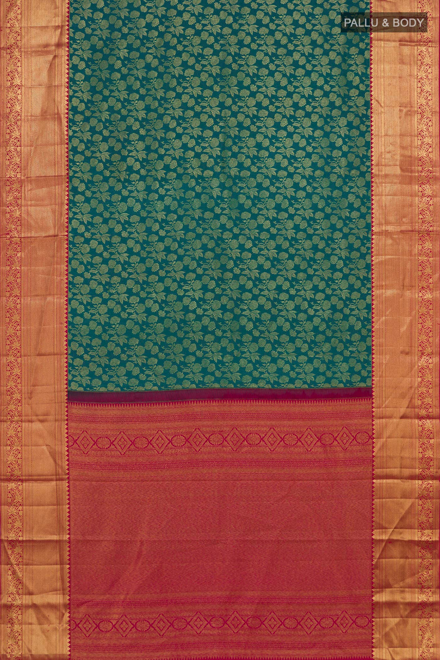 Flat view of Sea Green Kanchipuram Silk Saree with Zari Brocade on the body and Zari Border. 