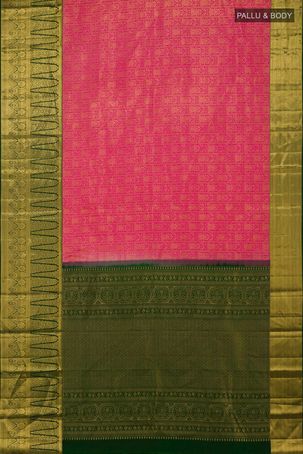 Flat view of Pink Kanchipuram Silk Saree with Zari Brocade on the body and Zari Border. 