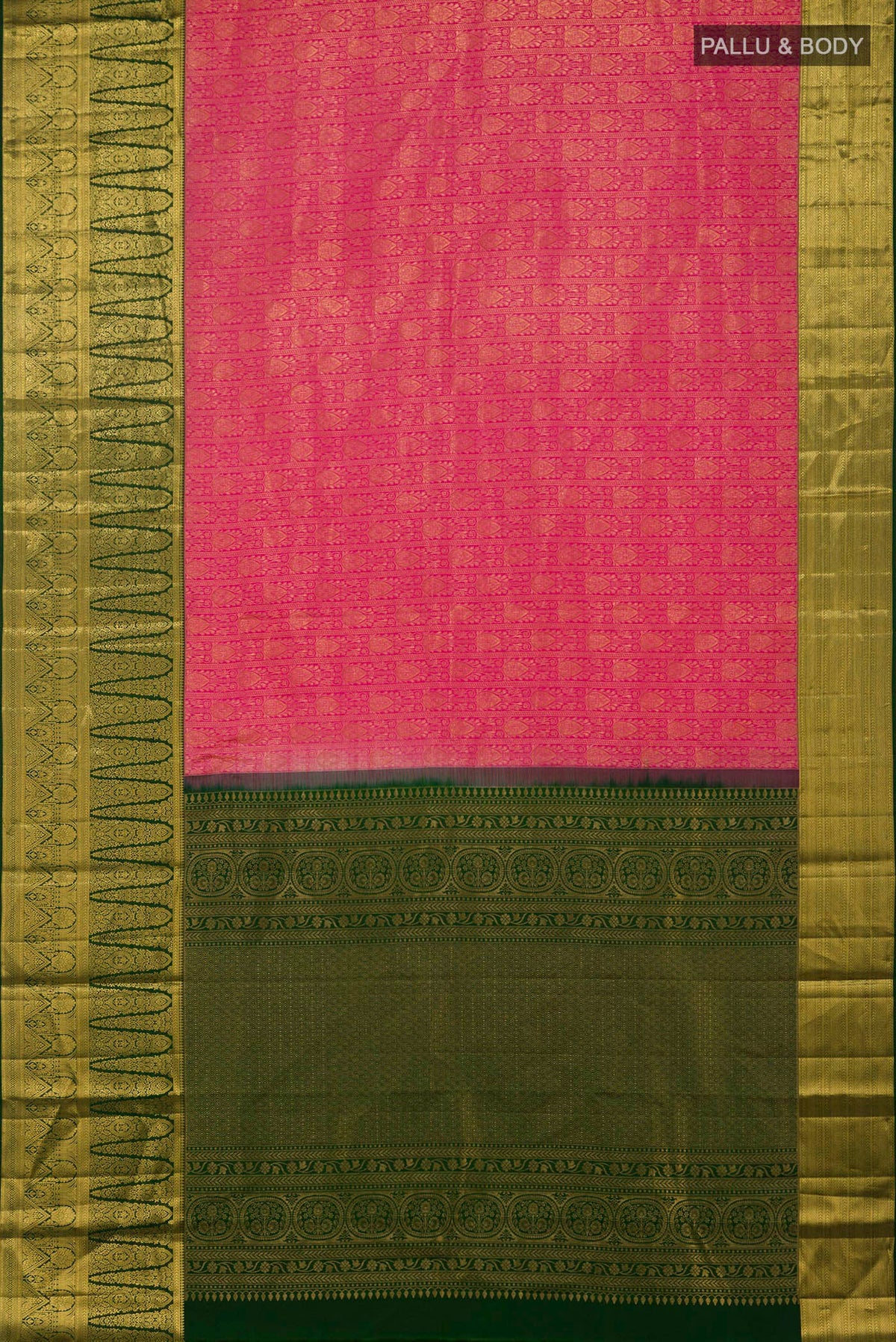 Flat view of Pink Kanchipuram Silk Saree with Zari Brocade on the body and Zari Border. 