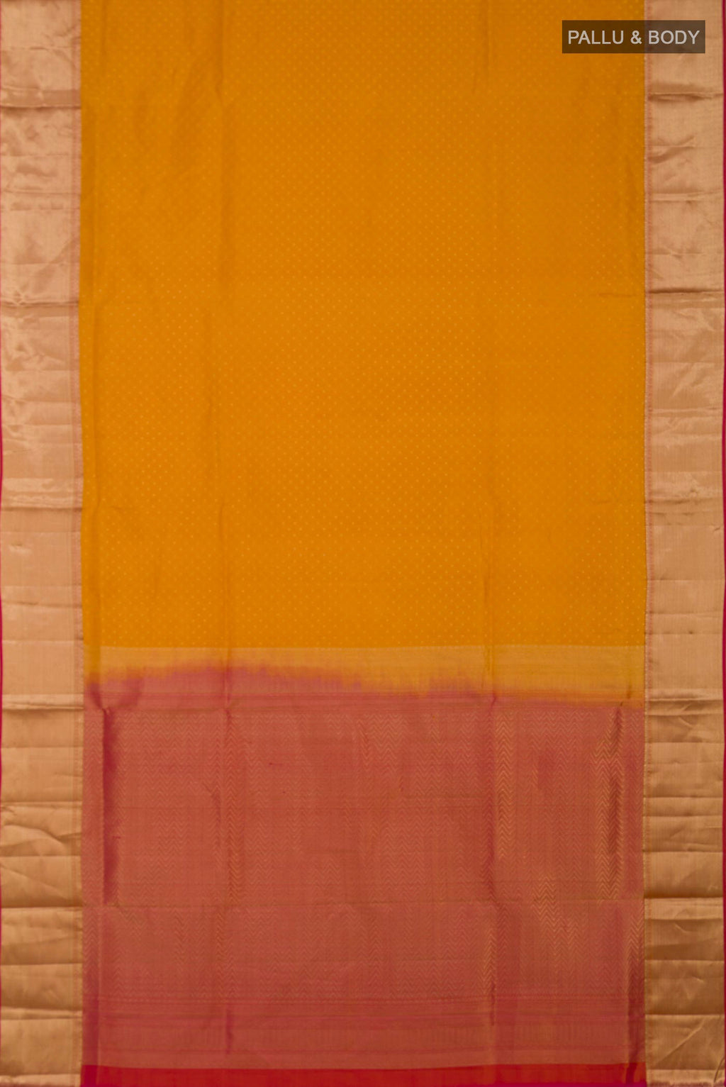 Flat view of Yellow Soft Silk Saree with Zari Butta on the body and Zari Border. 