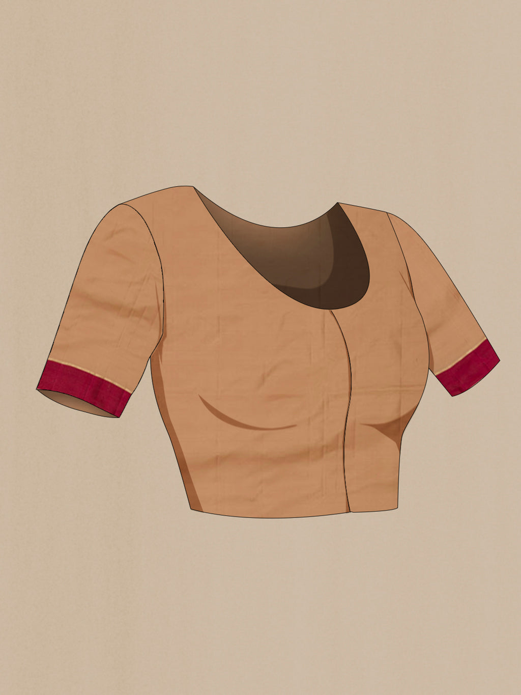 Close up image of the blouse of Pure Silk Sandal Soft Saree with Zari Butta on the body and Thin Zari Line. 