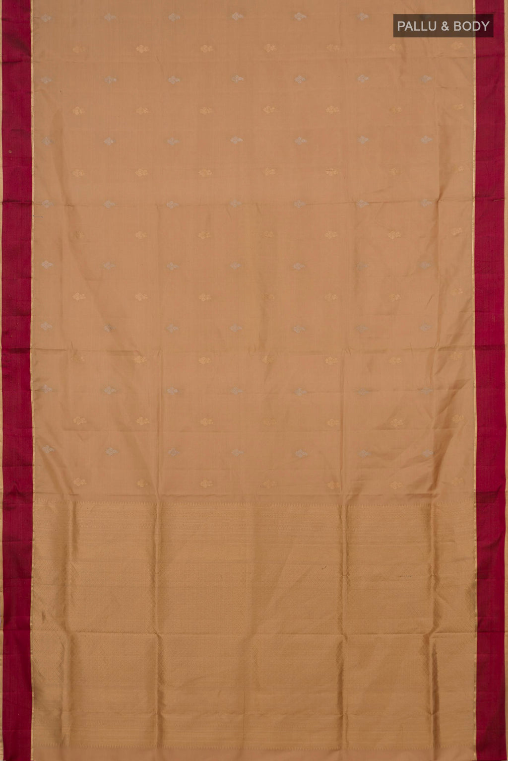 Flat view of Pure Silk Sandal Soft Saree with Zari Butta on the body and Thin Zari Line. 
