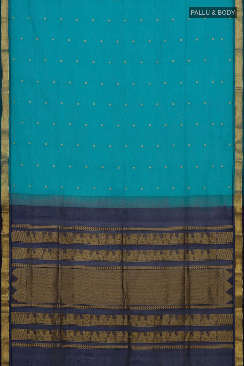 Flat view of Light Blue Silk Cotton Saree with Zari Butta on the body and Zari Border. 