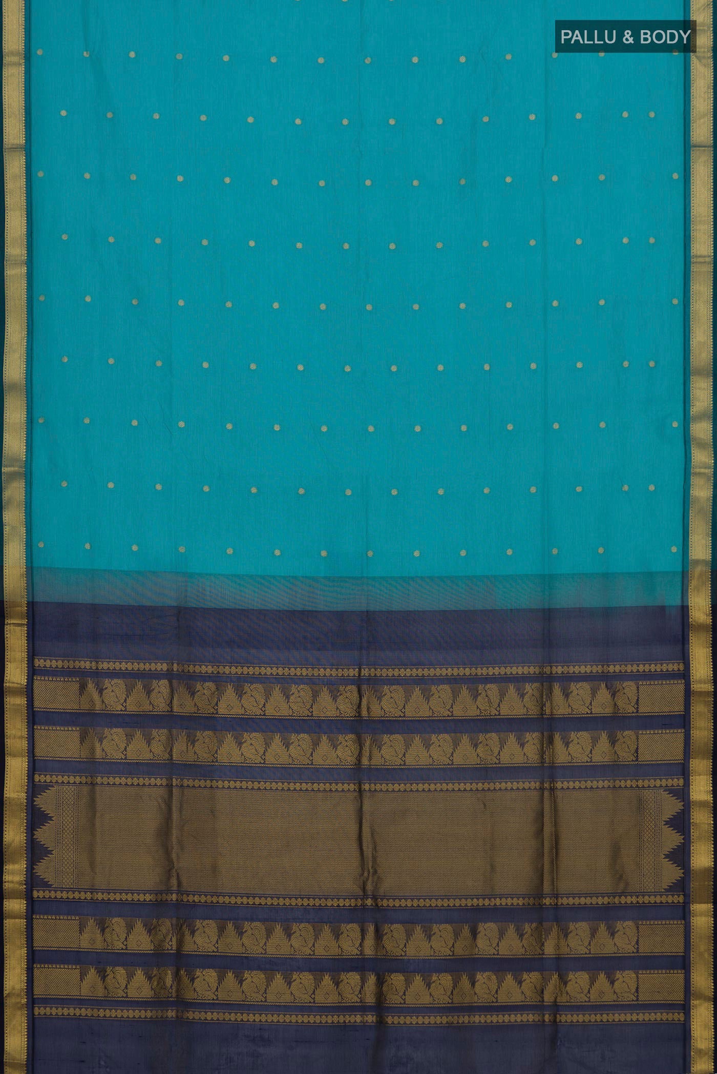 Flat view of Light Blue Silk Cotton Saree with Zari Butta on the body and Zari Border. 