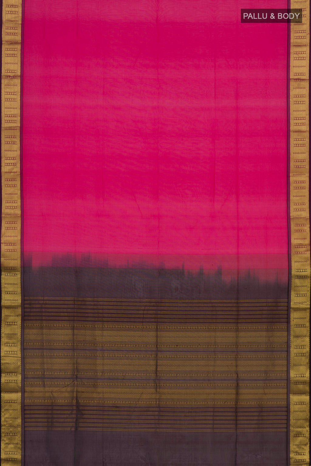 Flat view of Pink Silk Cotton Saree with Plain Body and Zari Border. 