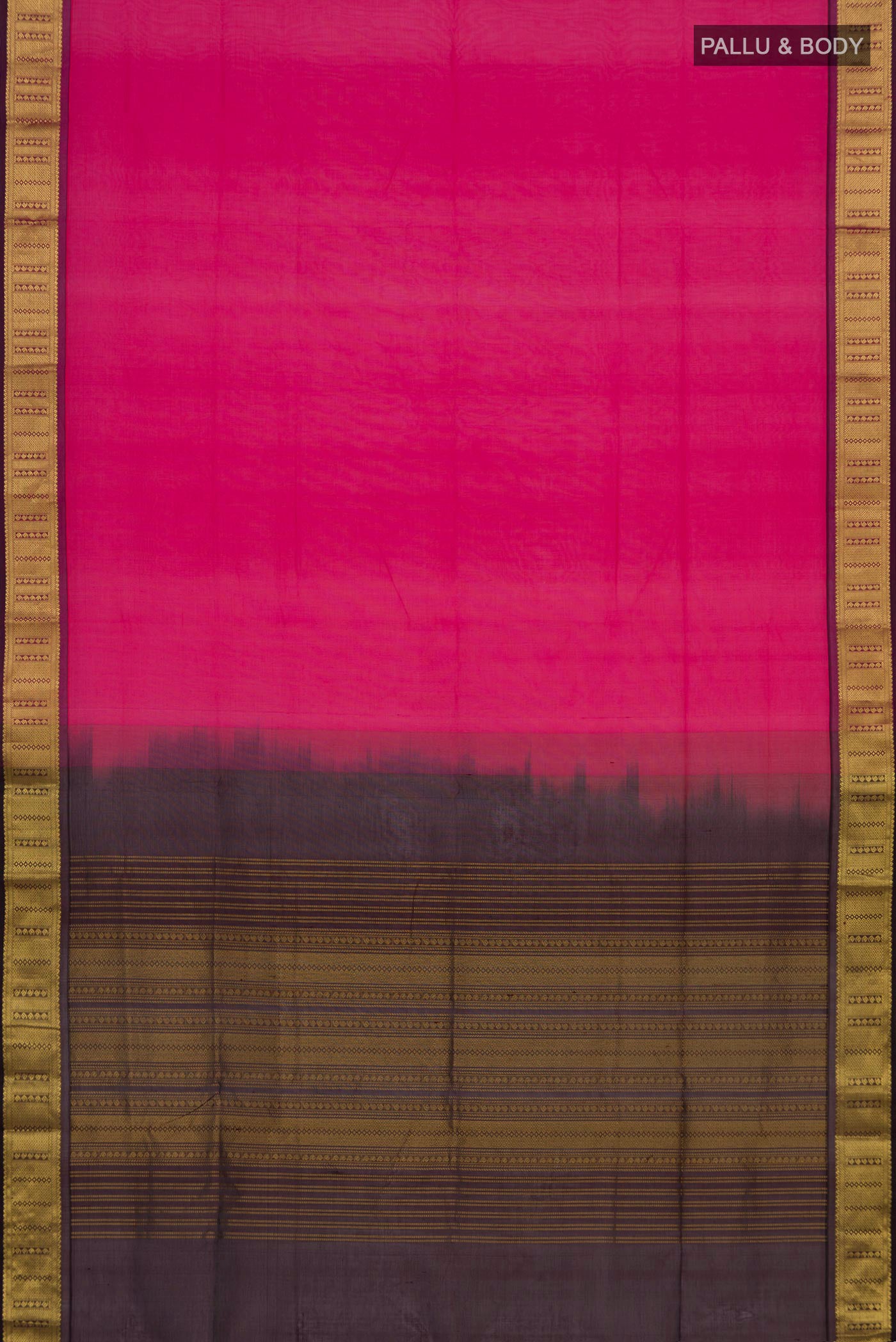 Flat view of Pink Silk Cotton Saree with Plain Body and Zari Border. 