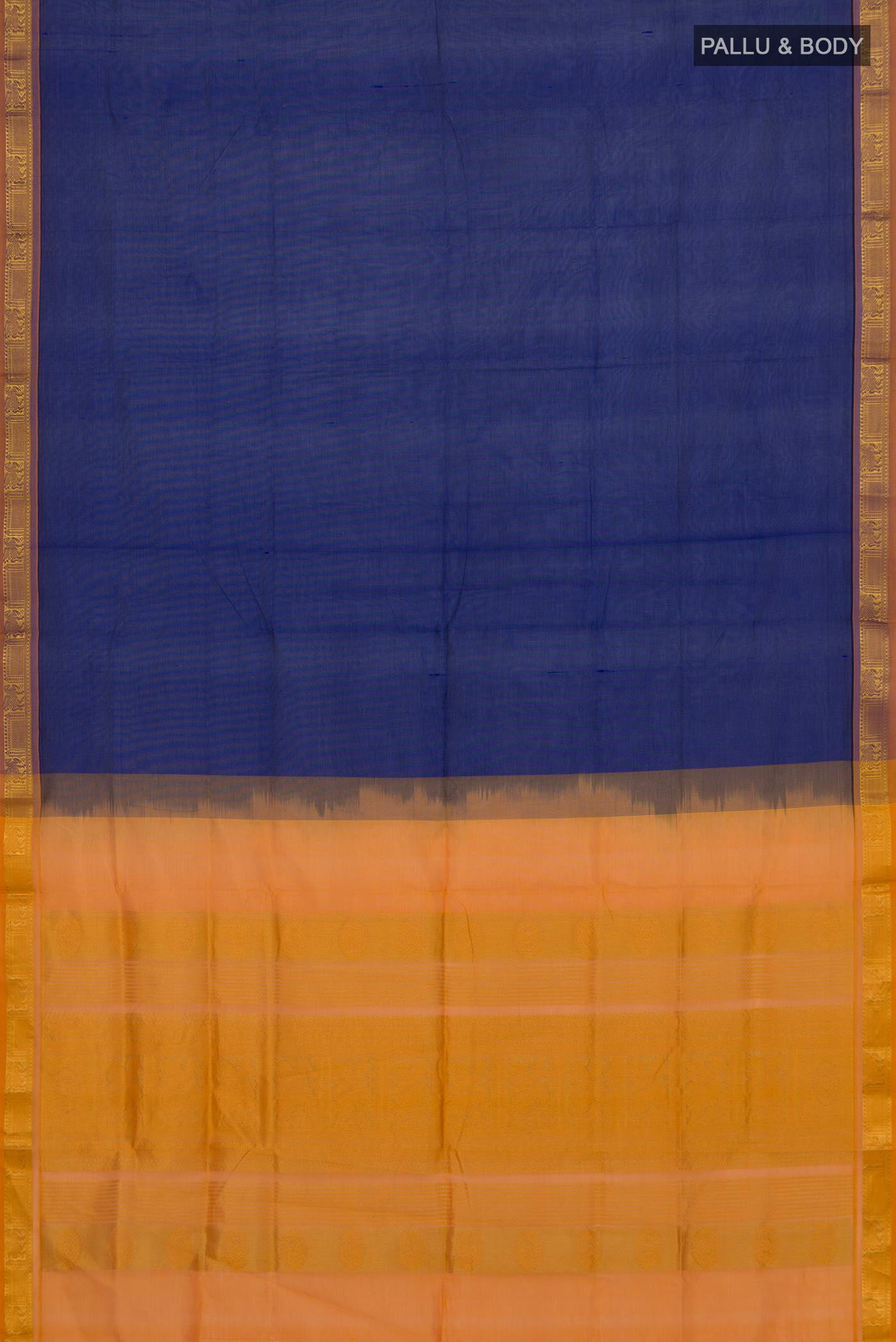 Flat view of Blue Silk Cotton Saree with Plain Body and Zari Border. 