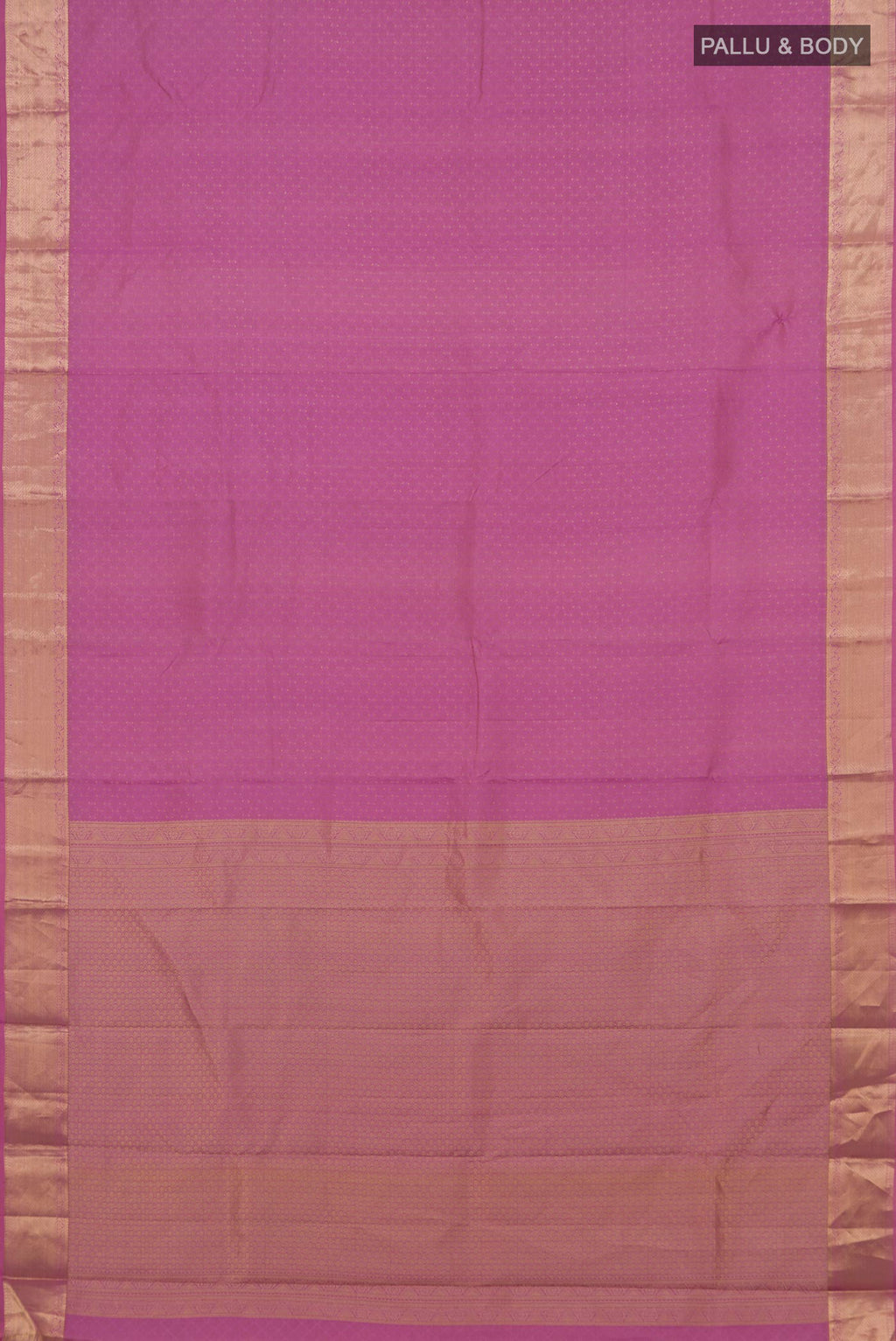 Flat view of Pure Silk Pink Kanjivaram Saree with Jacquard design on the body and Zari Border. 
