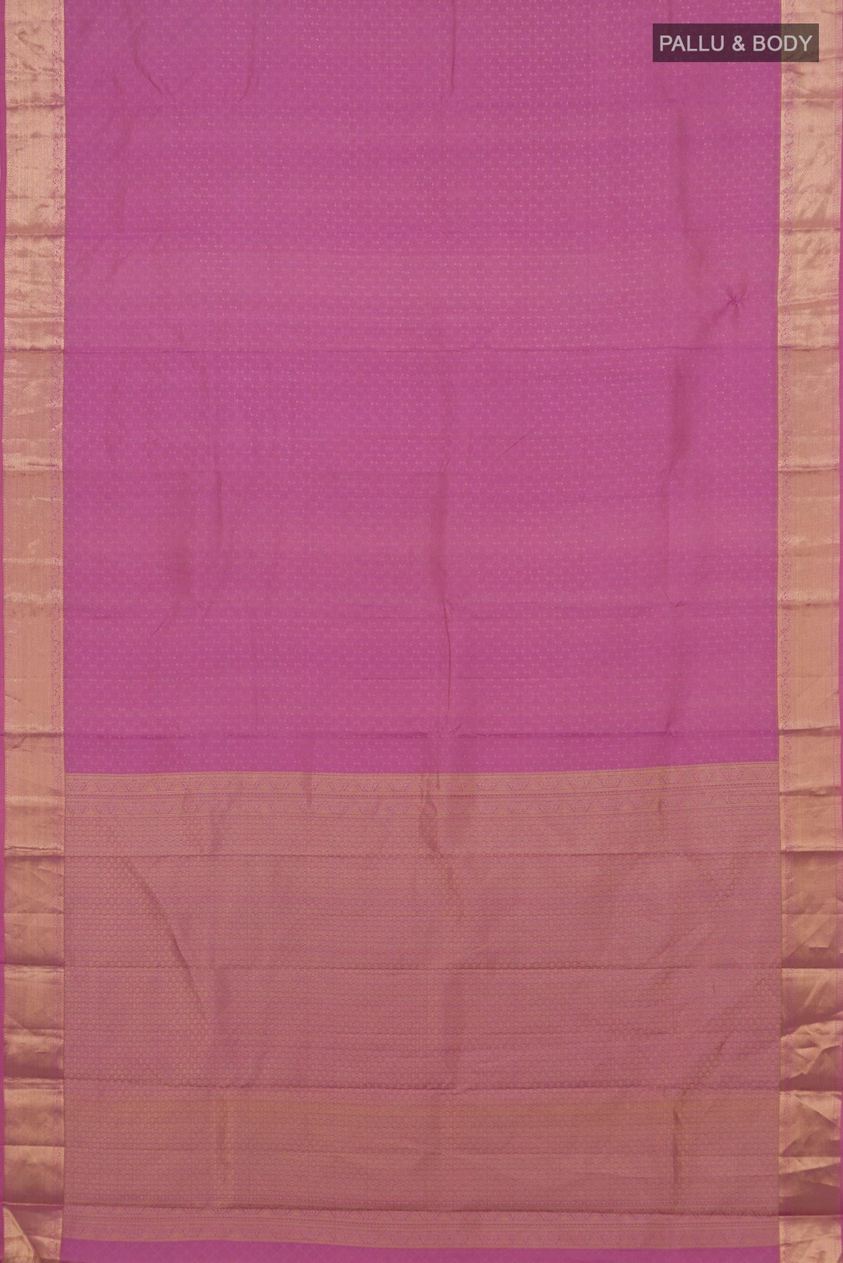 Flat view of Pure Silk Pink Kanjivaram Saree with Jacquard design on the body and Zari Border. 
