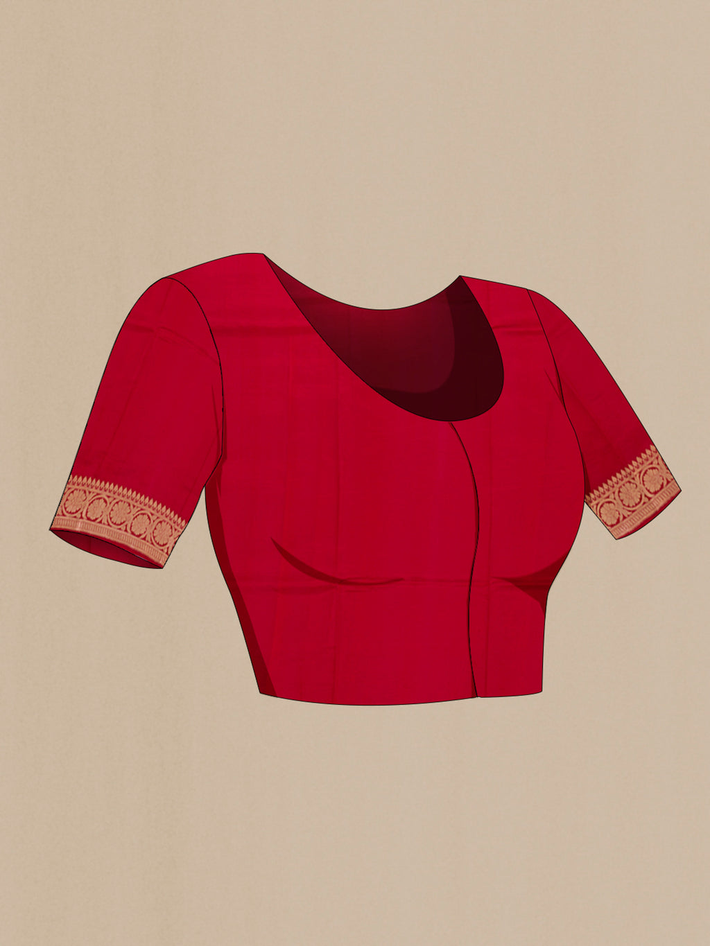 Close up image of the blouse of Red Banarasi Katan Silk Saree with Zari Butta on the body and Fancy Border. 